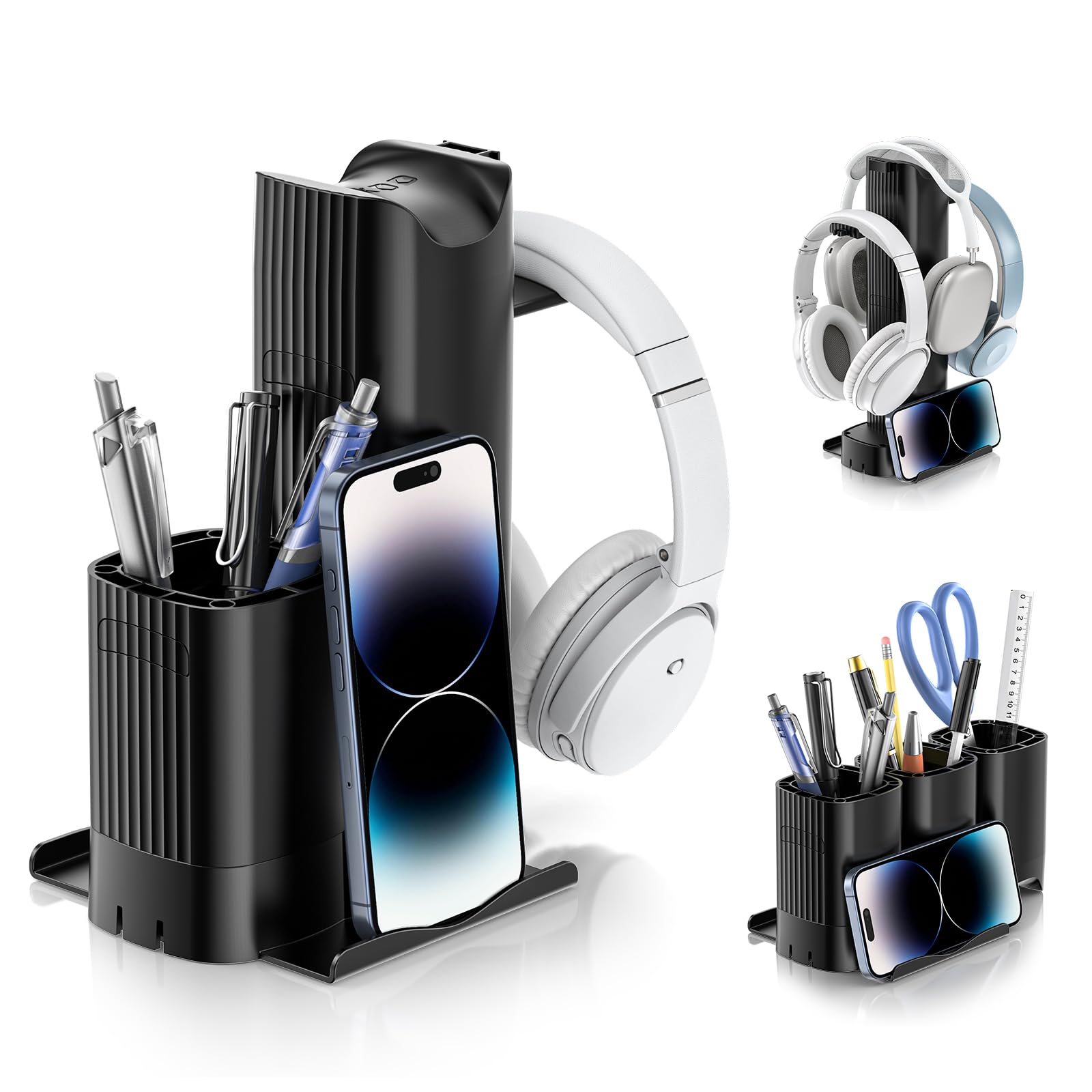 KDDPen Holder for Desk with Headphone Hanger - 2 in 1 Pen Holder Headphone Stand with Phone Stand, Removable DIY Feature Desk Pencil Pots for School Home Office Stationery Supplies Accessories