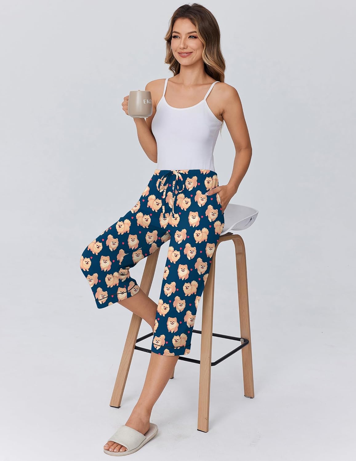 Ekouaer Womens Pajamas Pants Capri Pj Bottoms with Pockets Comfy Drawstring Printed Lounge Soft Sleep Pants - Image 2