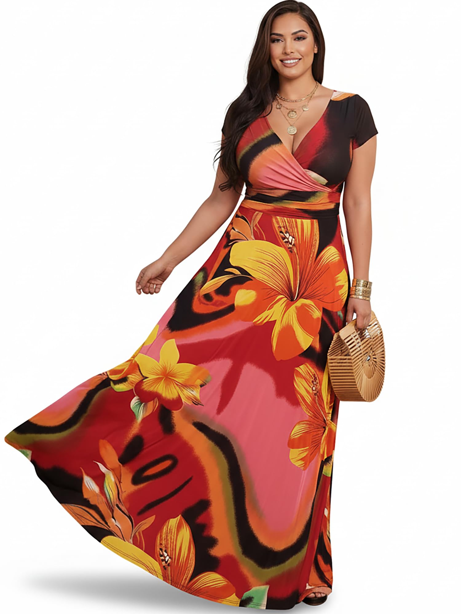 KOH KOH Womens Long Summer Floral Print Cap Sleeve Flowy Modest Maxi Dress