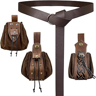 4 PCs Medieval O Ring Belt and Drawstring Pouch Set, Retro Faux Leather Belt Bag Dice Bag Portable Coin Purse For LARP (Brown A)