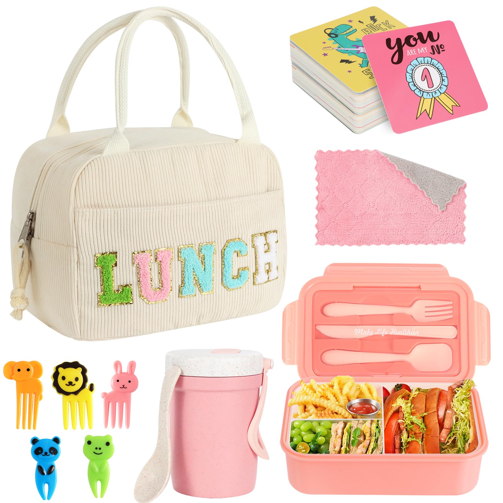 Bento Box Lunch Box Kit Corduroy Large Insulated Lunch Bag 3 Layer Stackable Leakproof Lunch Box Containers with Cup,Lunch Bag,Spoon,Fork,60 Pieces Lunch Box Notes for Girl Women (Solid Beige)
