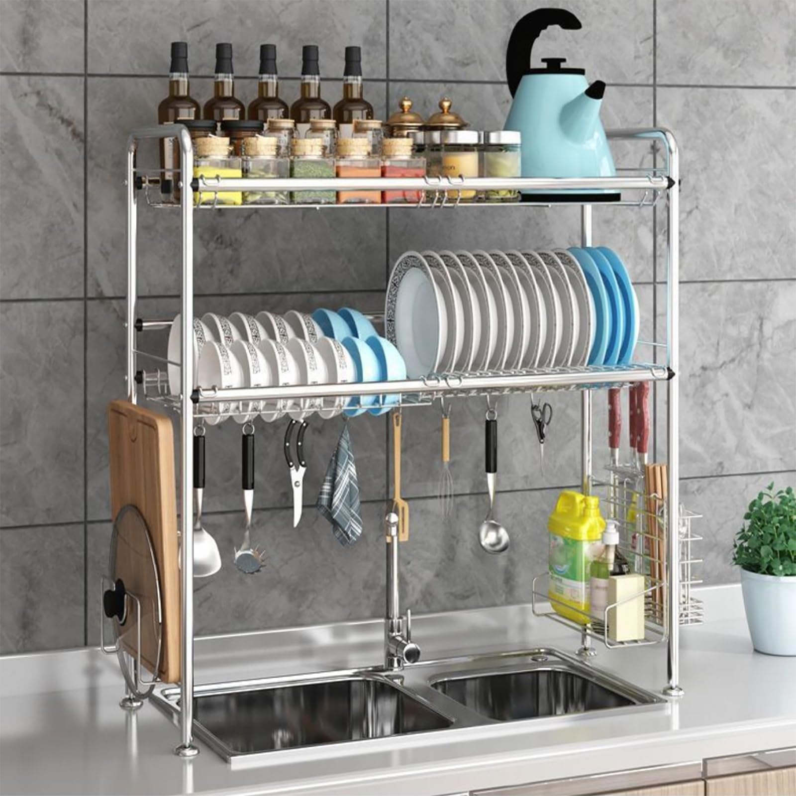 Scolapiatti multifunzione in acciaio inox, 1-2 ripiani, per lavello, stabile, salvaspazio, colore: argento (63 cm)
