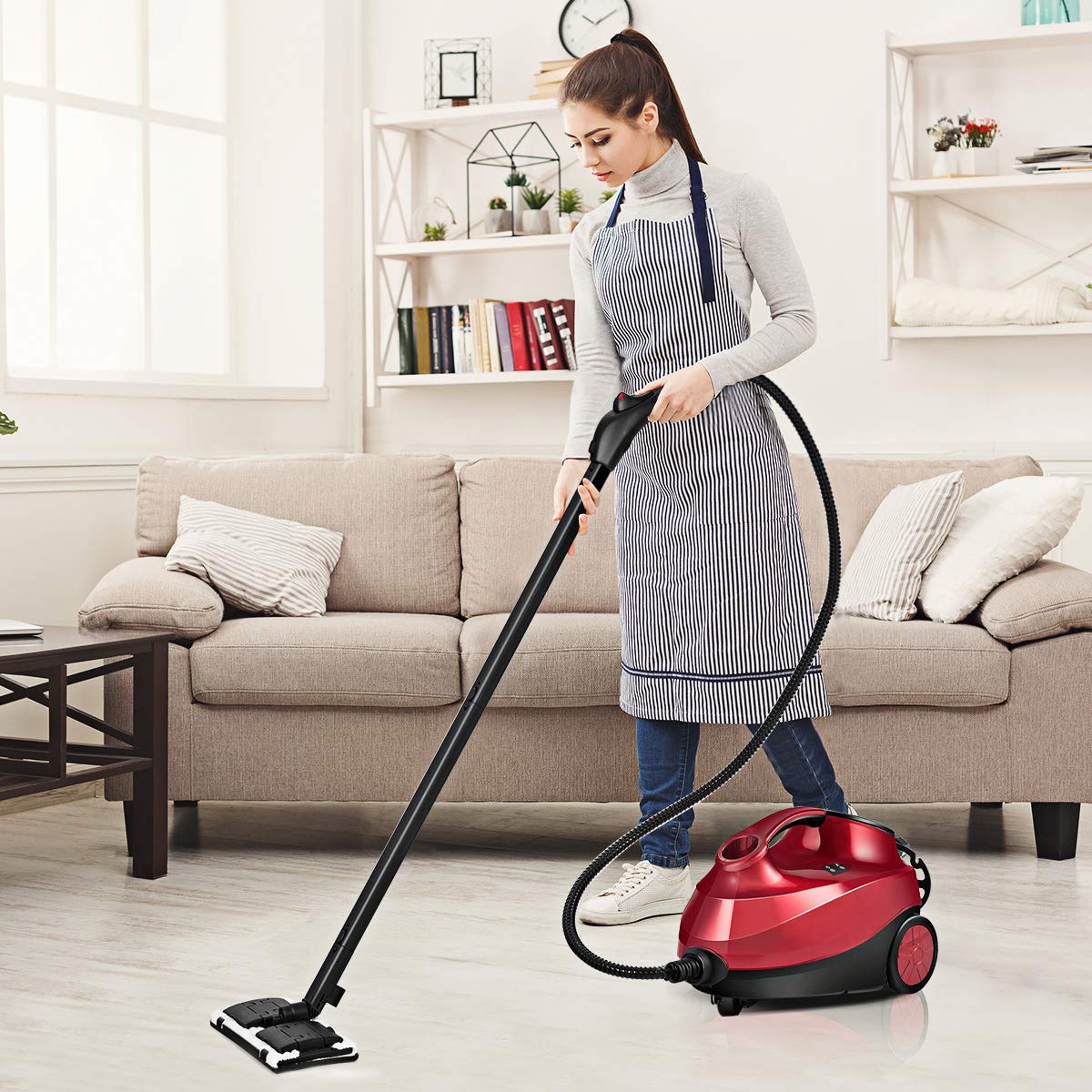GIANTEX Myjka parowa 2000 W, odkurzacz parowy podłogowy z 19 akcesoriami, zbiornik 1,5 l / 4 bar / do 108 °C / 2 rurki przedłużające / mop parowy do dywanów, podłóg, narożników, czerwona
