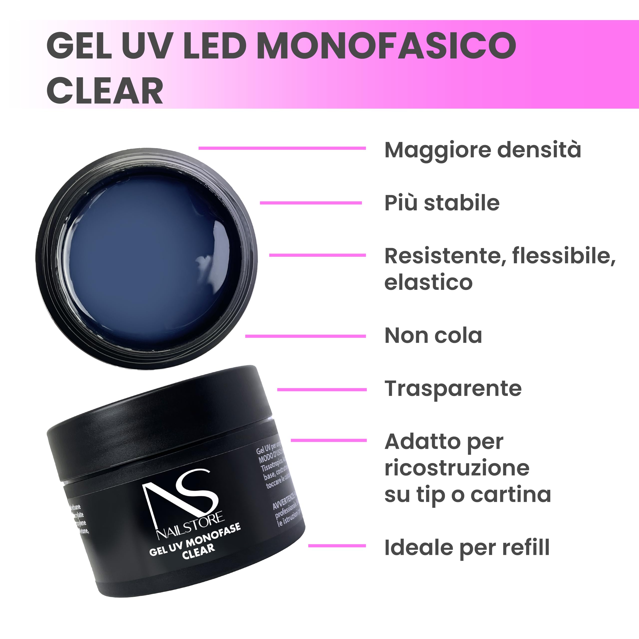 Nail Store - Gel UV Monofase Trasparente per Ricostruzione Unghie – lunga tenuta – autolivellante – media densità – antingiallimento – adatto per refill (100 ml (Confezione da 1))