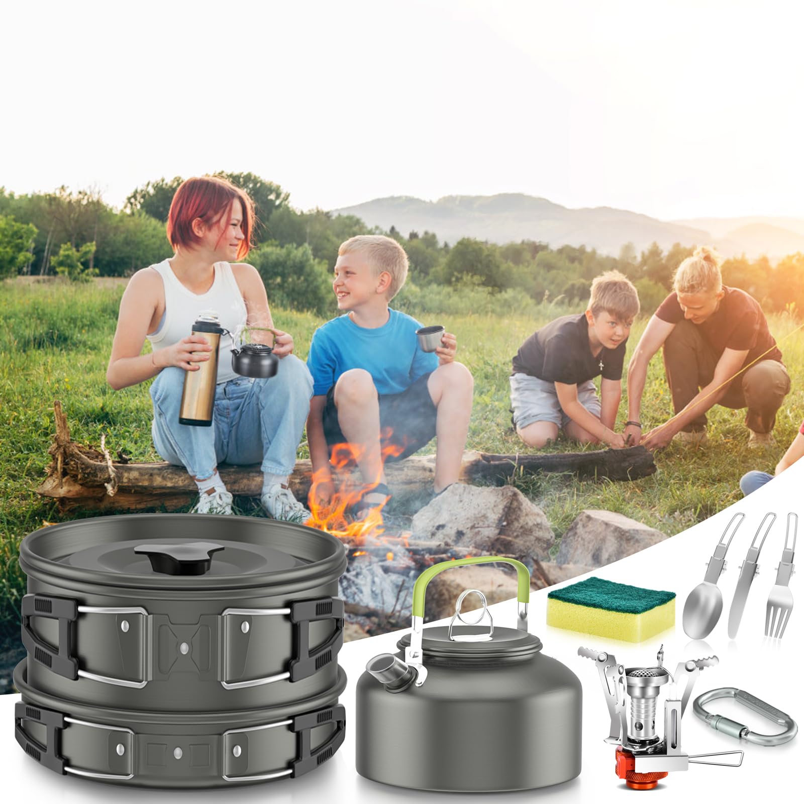 IEEILULU Utensilios Cocina Camping, Kit Cocina Camping, Aluminio Utensilios de Acampada para Camping Campamento Senderis,mo Itinerante Aire Libre Picnic (2-3 personas)