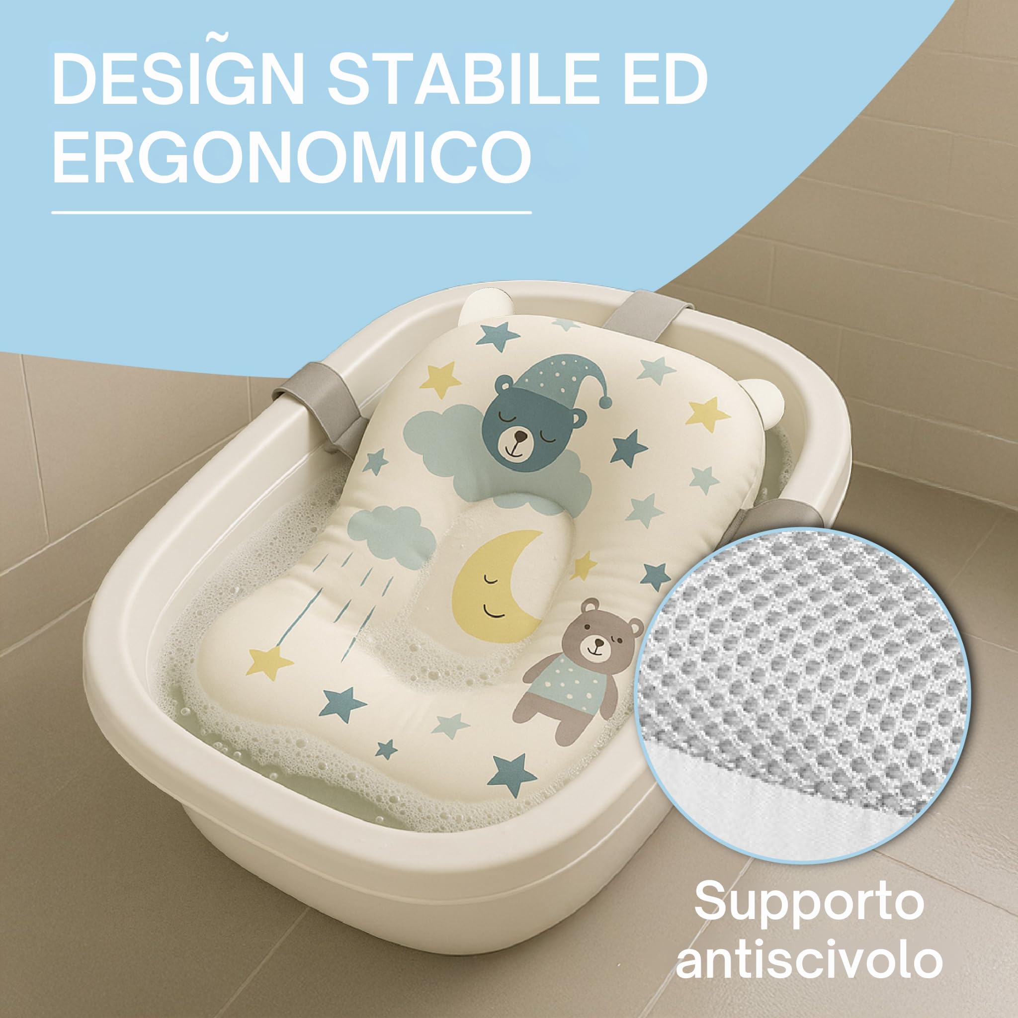 Cuscino per Vasca da Bagno Neonato con Brocca Riduttore Vaschetta Bagnetto Supporto Morbido Universale Materassino Antiscivolo per Neonati Bambino Bianco Blu