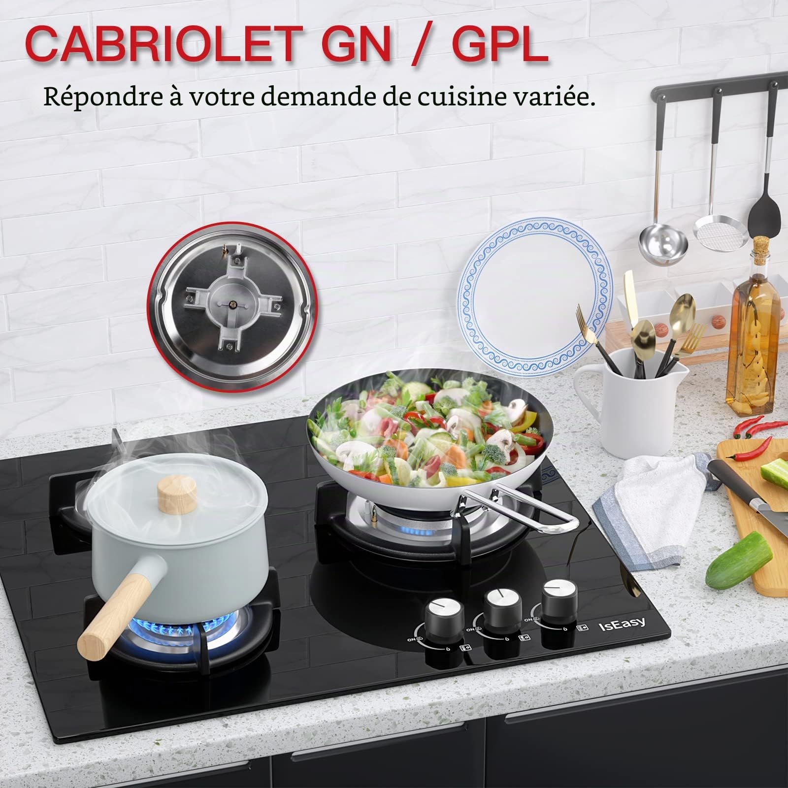 Plaque Gaz 3 Feux, Table de Cuisson 60cm Encastrable, Naturel/Propane