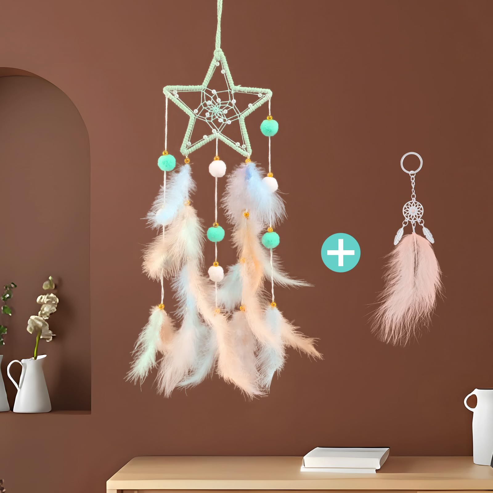ZIIAMG Green Star Kids Dream Catchers Baby Dreamcatcher Handmade Children Dream Catcher Creative Home Wall Decoration, Handmade Feathers Hanging Decoration for Bedroom