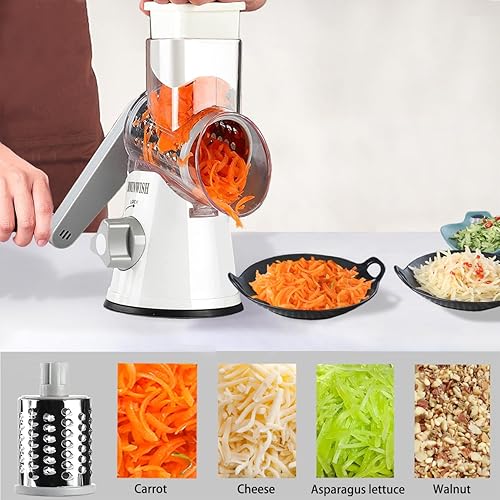 Miniatura 3 de BNUNWISH Rallador de queso giratorio de mano, 3 cuchillas de tambor intercambiables, rallador de queso, rebanador de verduras, molinillo de nueces,