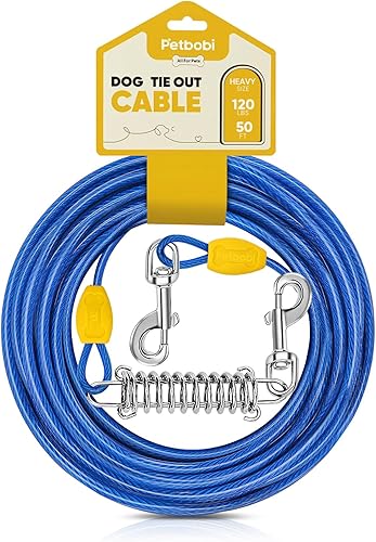 Miniatura 13 de Petbobi Cable de amarre para perros de 30 pies – Cable resistente para perro de hasta 120 libras, cable de metal para correa al aire libre con Negro