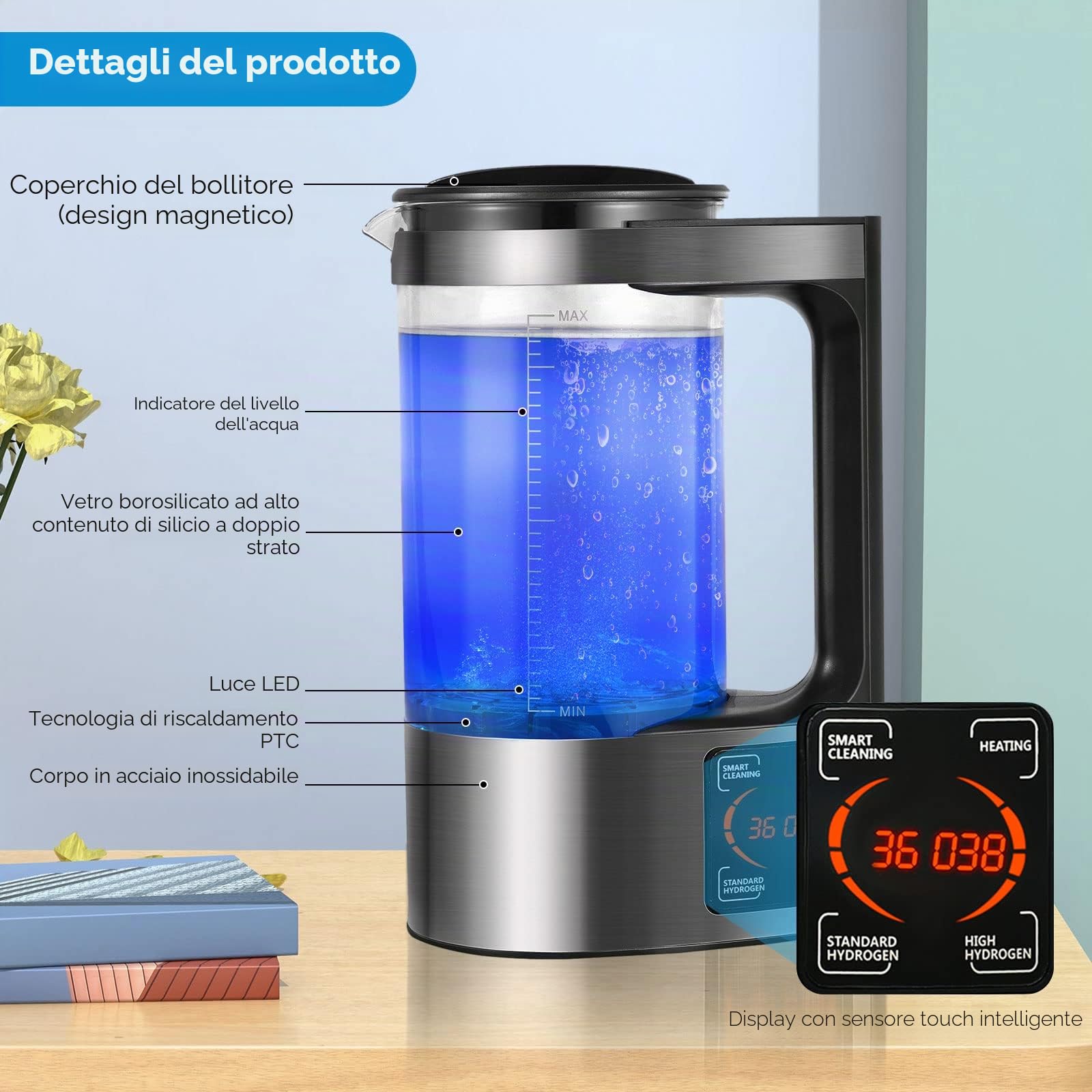 Generatore di Acqua Idrogenata, 2L Macchina per Acqua Alcalina Ionizzata ad alta Capacità Generatore di Acqua Ionizzata con Funzione Termostato, Touch Screen a LED, Autopulizia per uso Case e Aziende