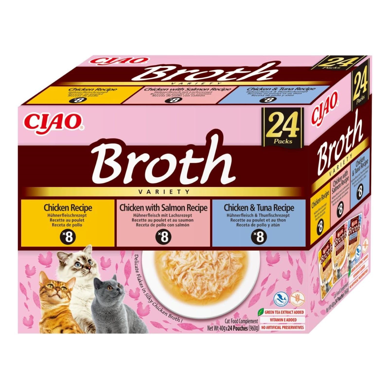 INABA Ciao Broth Gatos - Receta Saludable de Caldo de Pollo, 3 Sabores Diferentes - Comida Húmeda con Tiras de Pollo, Salmón y Atún - Natural, sin Cereales - 960g (24 Sobres x 40g)