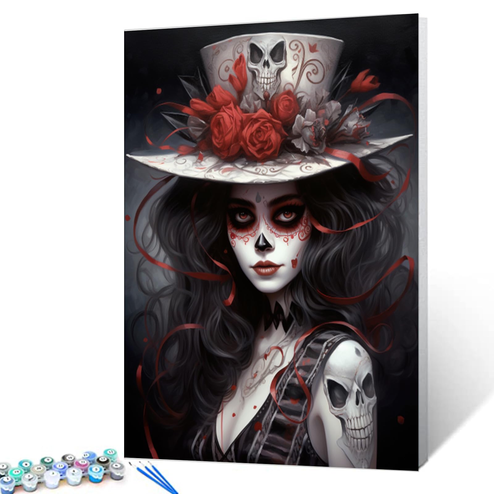Aihonmin Day of The Dead Paint by Numbers Kits for Adults Clown DIY Canvas Oil Painting Acrylic Pigment Kits Skull and Flowers Paint by Number Home Wall Art Decor Gift Artwork 16x20In(Frameless)