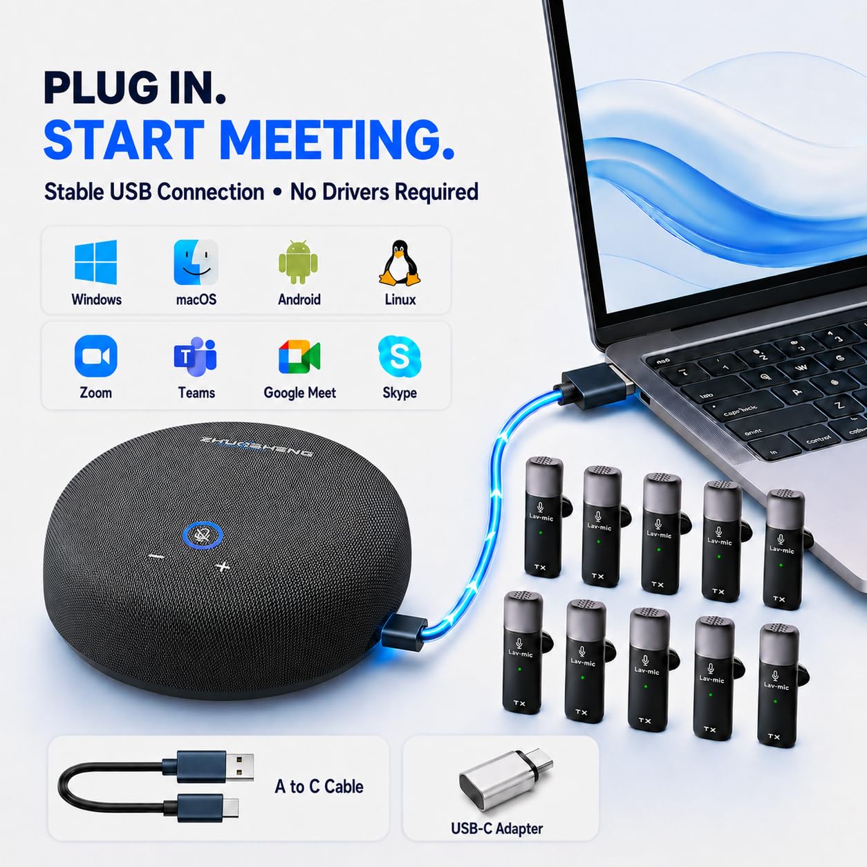Altoparlante e microfono per conferenze, vivavoce USB con 10 microfoni, pickup a 360° e riduzione del rumore, microfono omnidirezionale portatile per sala conferenze per 10 compatibile con
