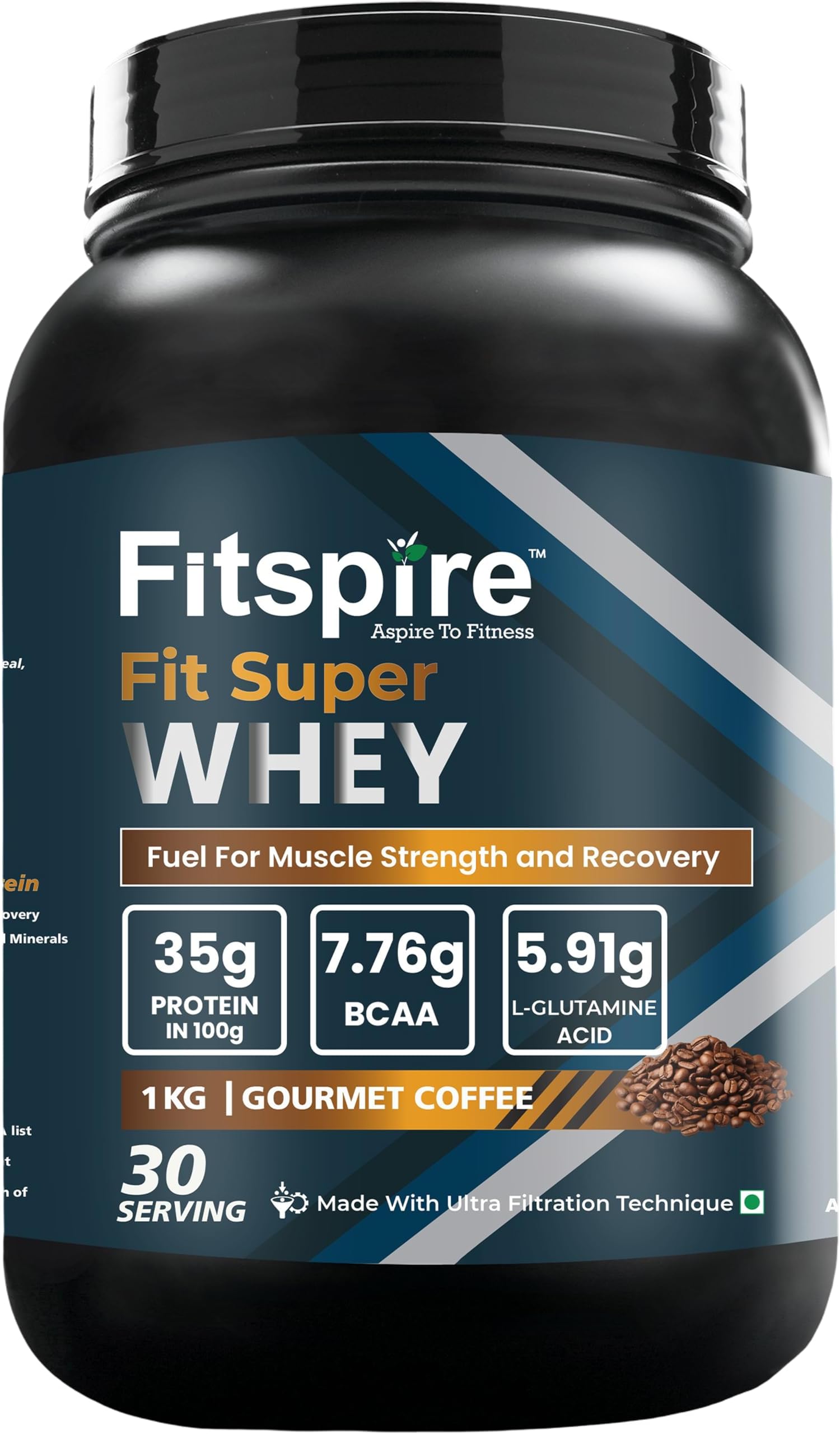 Fitspire Fit Super Whey Protein Powder- Gourmet Coffee- 35g Protein- Easy Digestion- No Added Sugar- Muscle Support- Protein Formula with Digestive Enzymes for Better Absorption- 1kg