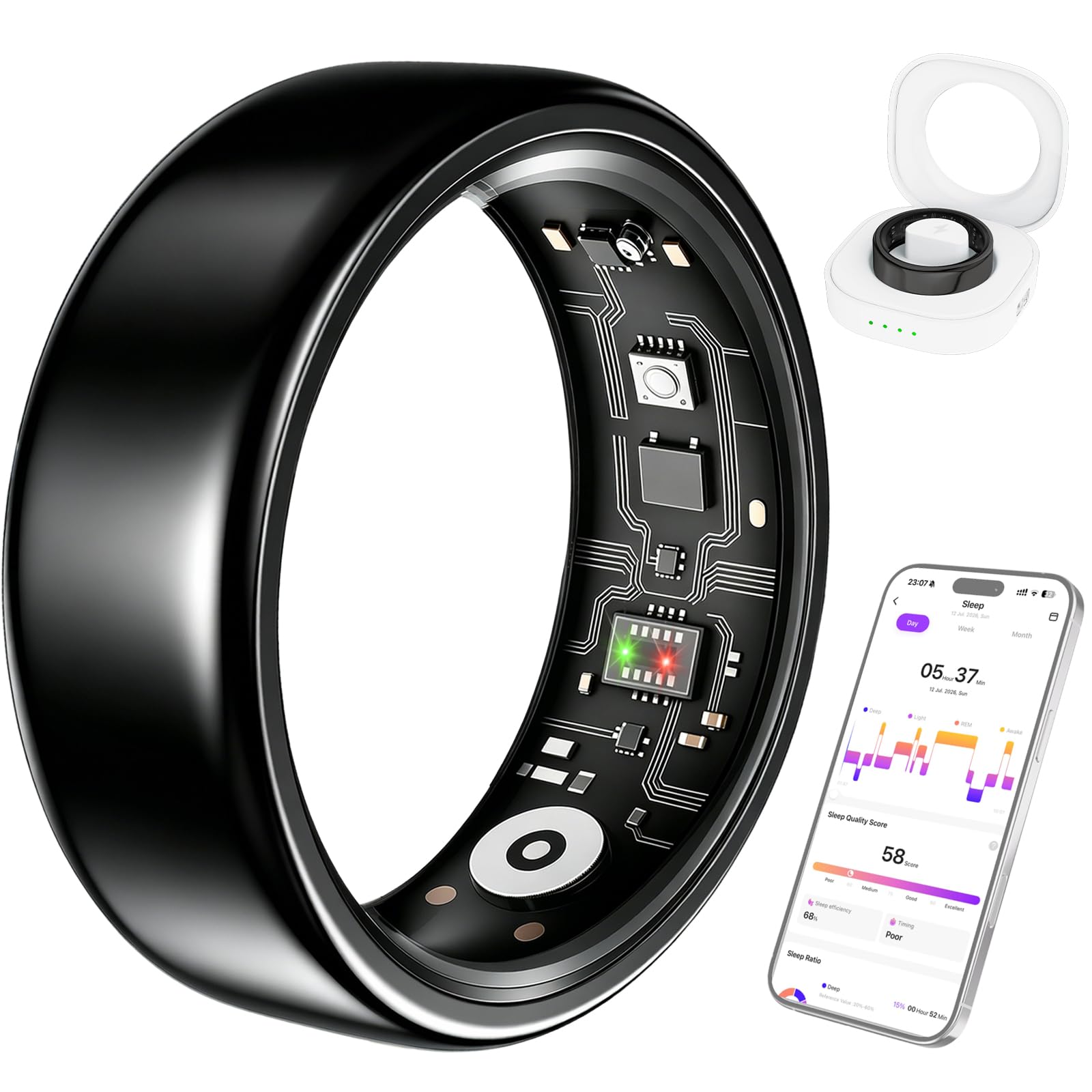 Smart Ring for Women &amp; Men, Fitness Ring with Heart Rate, Sleep Monitor &amp; Stress, IP68 Waterproof Sleep Ring, No APP Subscription (Black, 6)