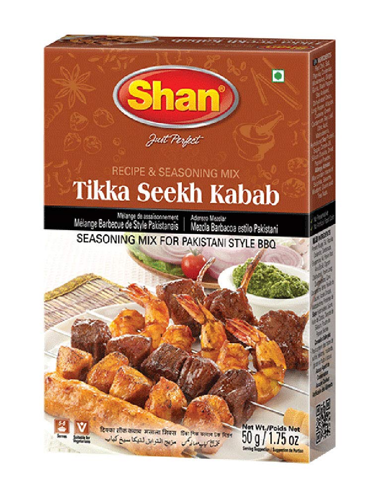 Shan Tikka Seekh Kabab Recipe and Seasoning Mix 1.76 oz (50g) - Spice Powder for Pakistani Style BBQ - Suitable for Vegetarians - Airtight Bag in a Box (Pack of 24)