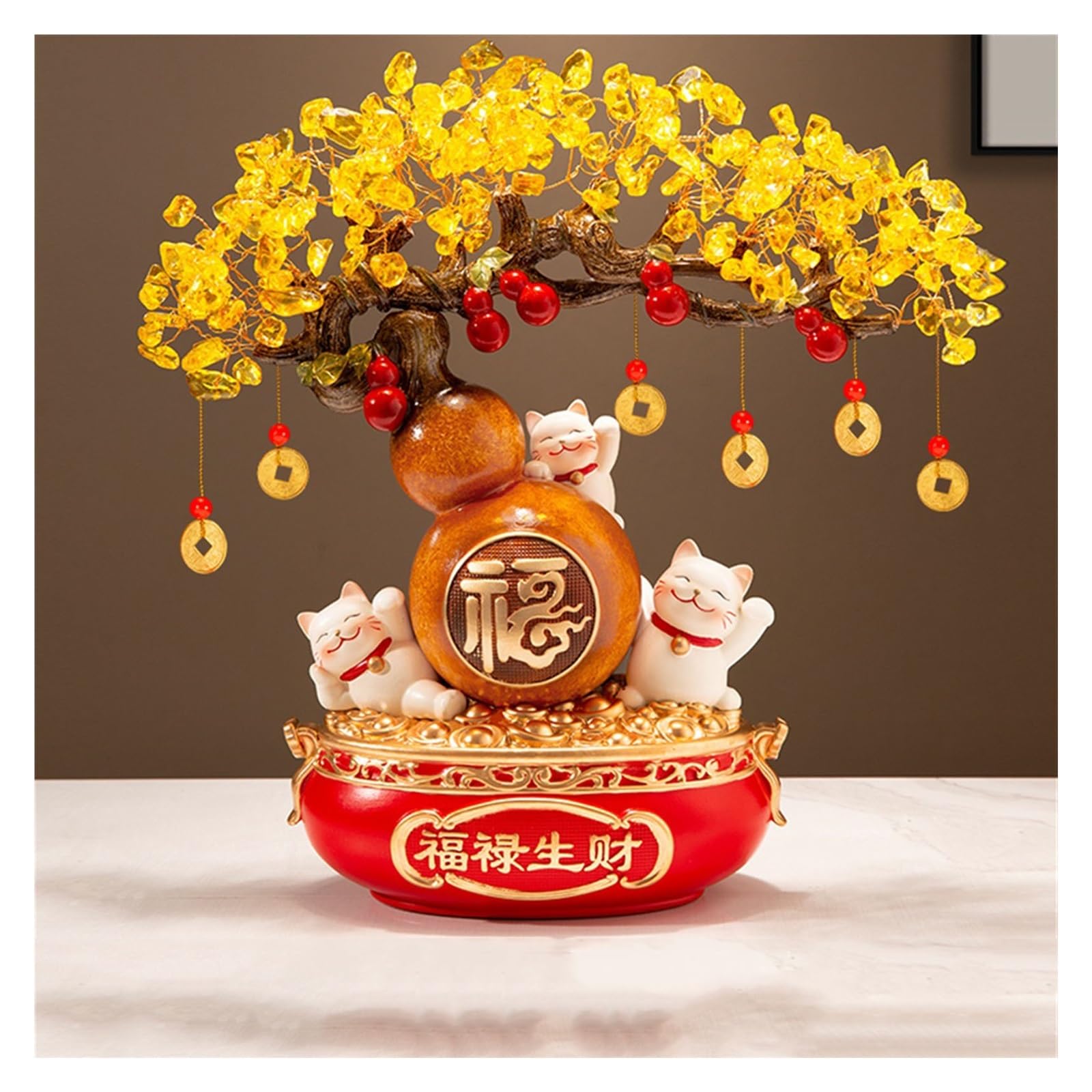 HCZKIUJY Luck and Wealth Crystal Tree Crystal Money Tree Feng Shui Decoration Lucky Cat Gourd Bonsai for Wealth and Prosperity Crystal Tree Chakra Money Tree (Orange)