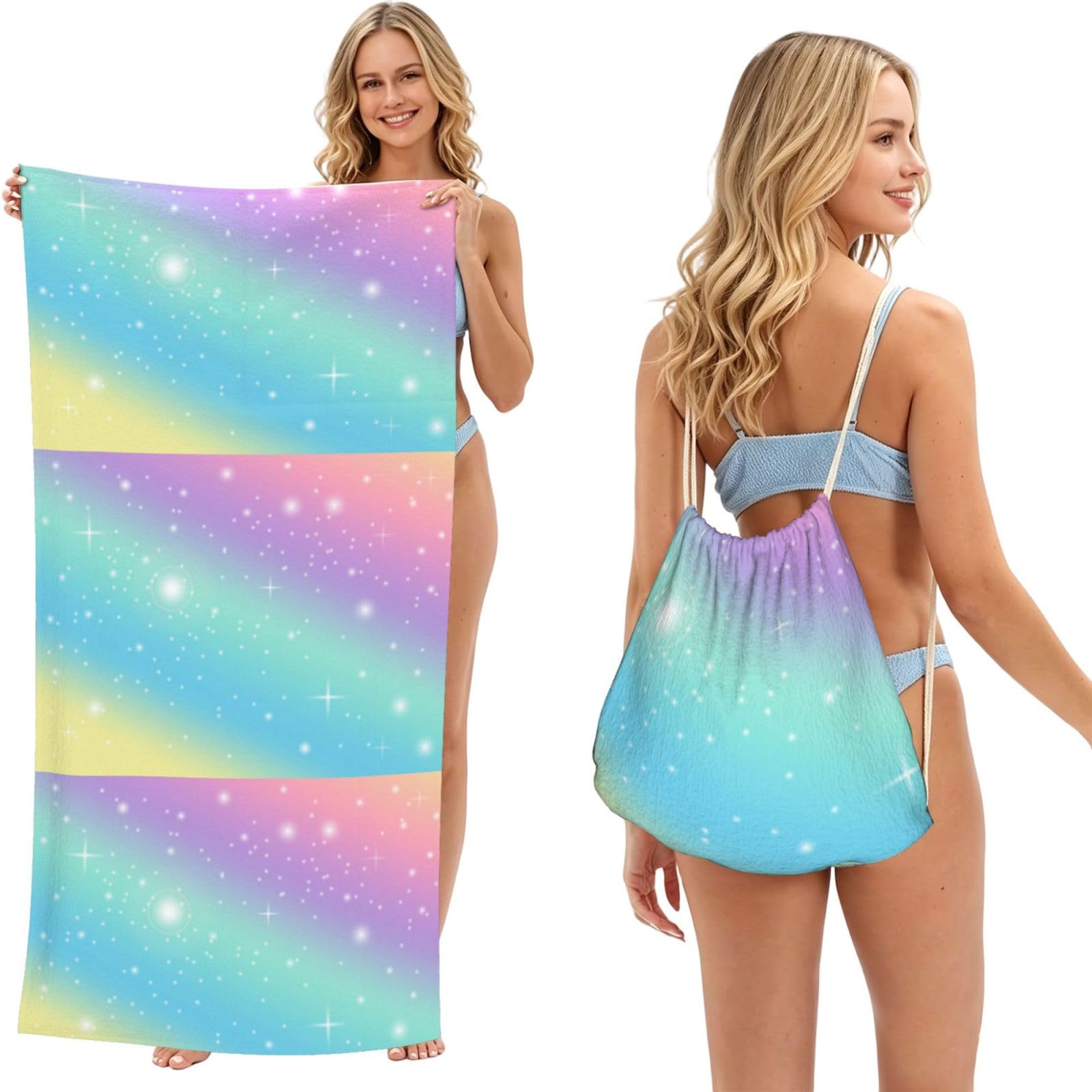 Poadnly As Picture Rainbow Pastel, 2 In 1 Packable Towel Bag, Beach Towels With Drawstring Backpack For Travel Holiday Camping