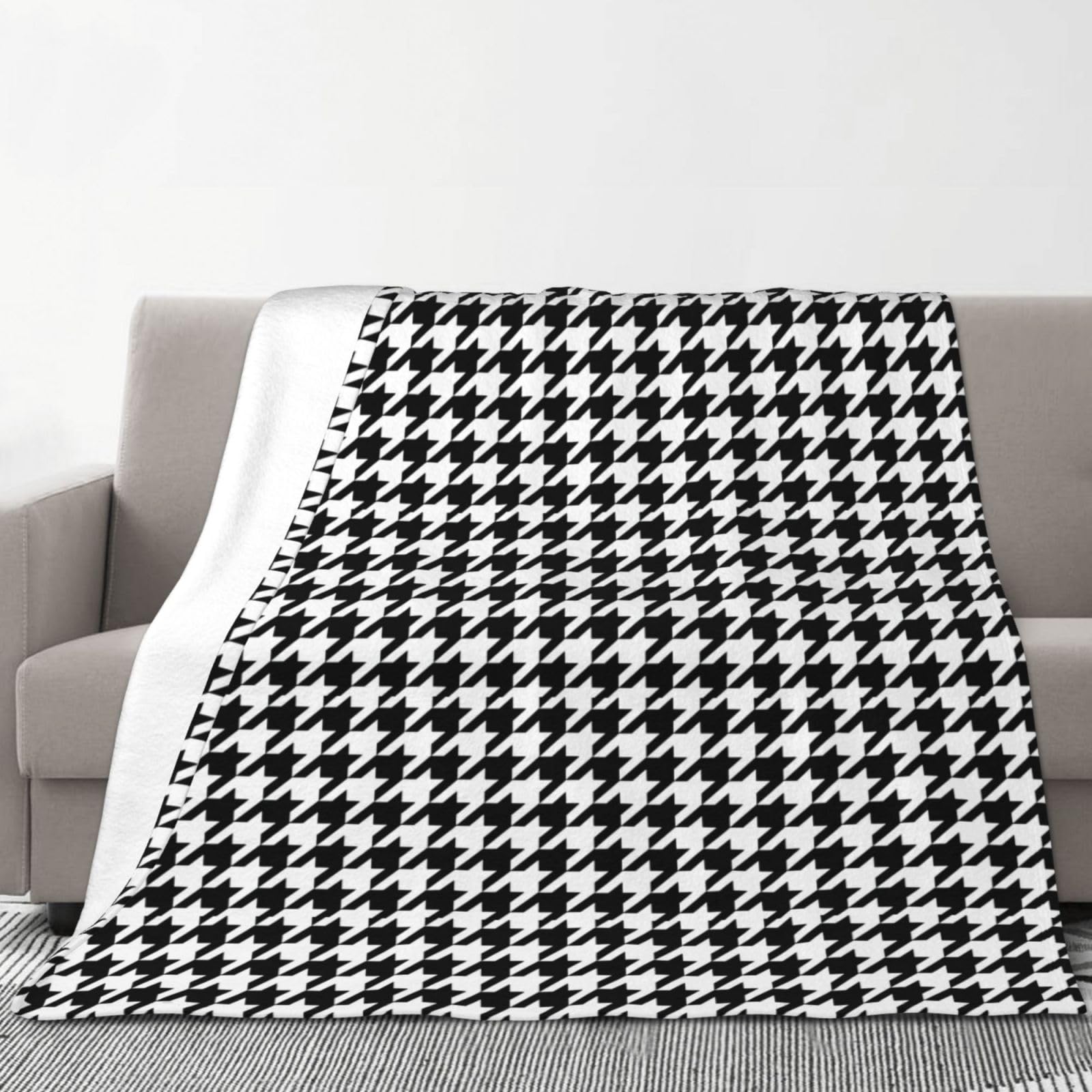 Couverture en flanelle avec imprimé pied-de-poule noir, 178 x 203 cm, confortable, chaude, pour l'hiver, le camping ou les voyages