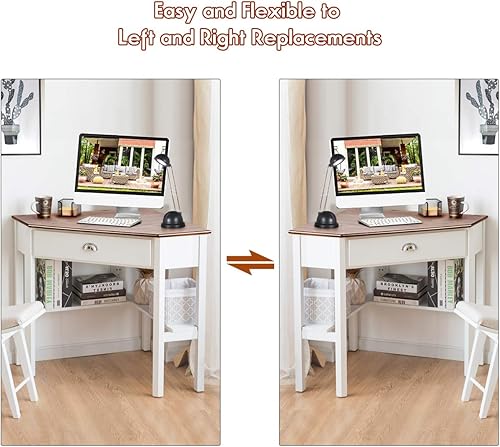 Miniatura 7 de Tangkula Escritorio esquinero, escritorio de esquina para computadora con cajón para espacio pequeño, escritorio de tocador de maquillaje de esquina