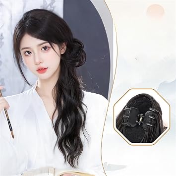 Fangool Chinese Style Women Wig Geisha Headband Wigs Ancient Chinese Headwear Wig Bun Hair Pieces Hanfu Headdress Cosplay WigsBrown Black