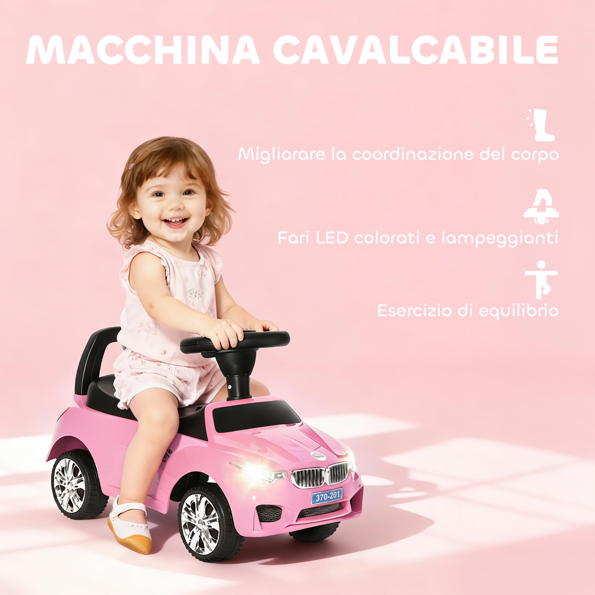 HOMCOM Coche Correpasillos para Niños de 18-36 Meses Andador Correpasillos con Faros Música Bocina Volante Espacio de Almacenaje y Asa para Empujar 63,5x28x36 cm Rosa