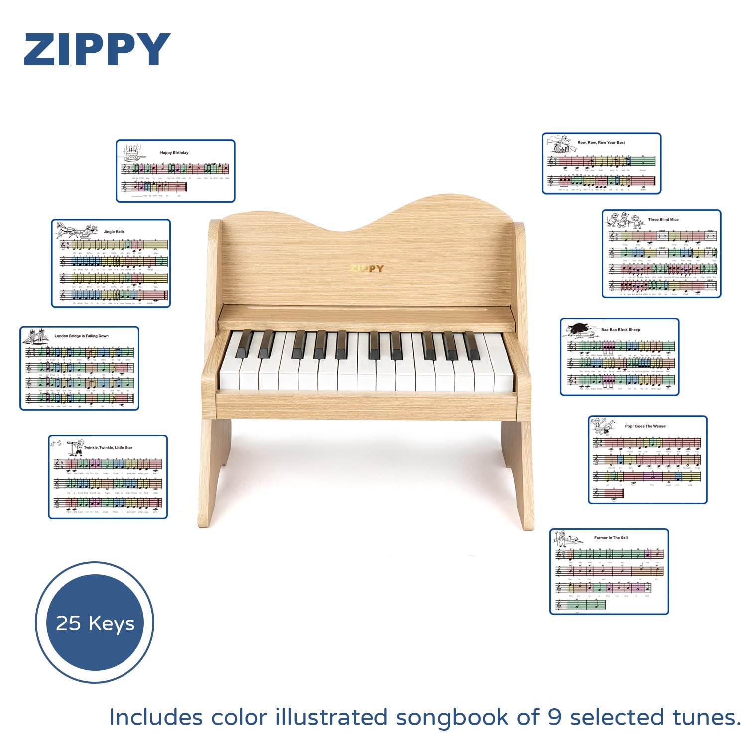 ZIPPY Klawiatura fortepianowa dla dzieci, 25 przycisków, regulacja głośności, mini zabawka do nauki muzyki, drewniane pianino dla małych dzieci, dziewcząt, chłopców (Dąb)