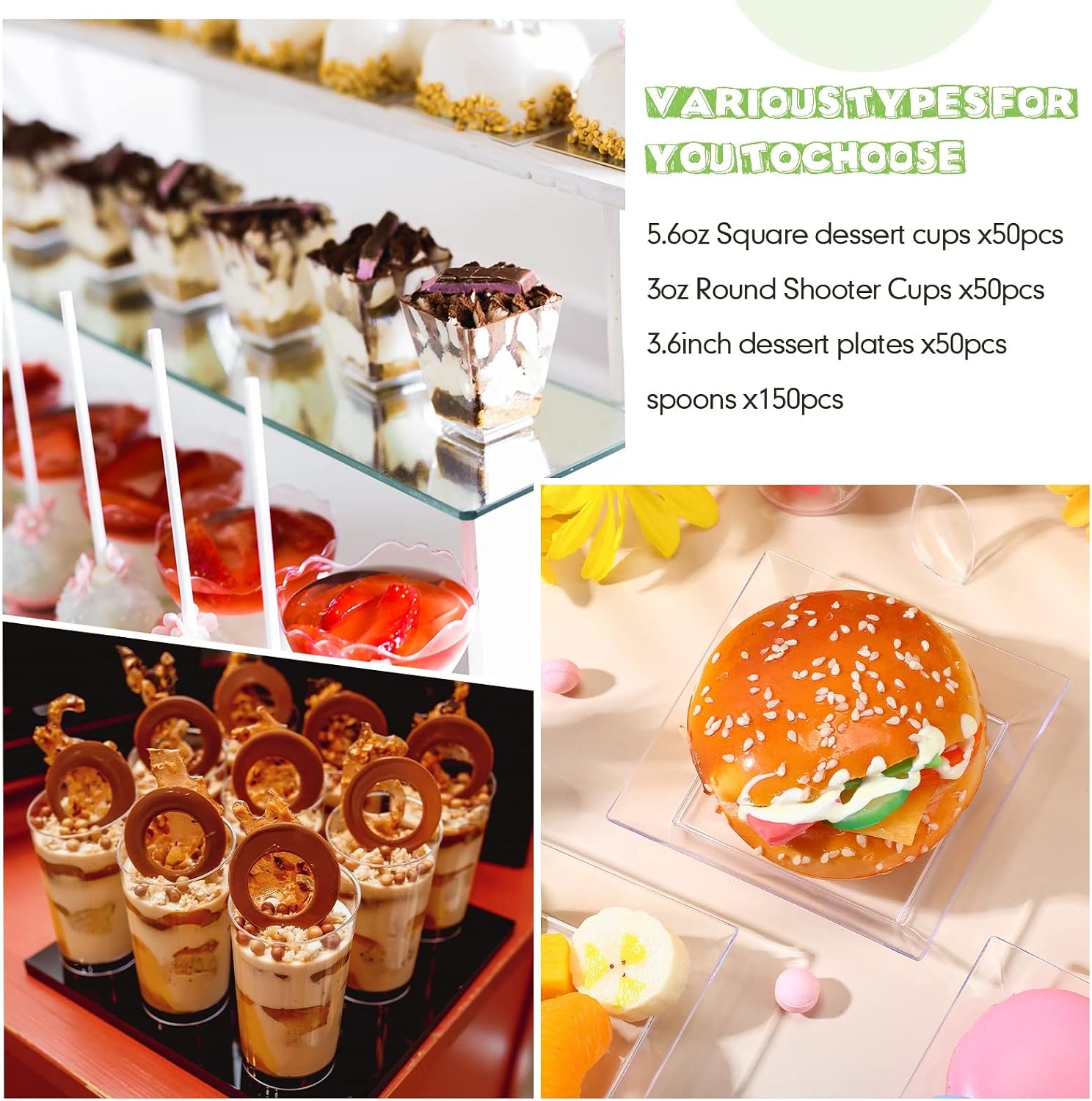 Nuogo 300 Pcs Mini Dessert Cup Set with Spoon 5.6 oz Square Plastic Dessert Cup 3 oz Round Shooter Container 3.6 Inch Clear Plastic Plate Disposable Container for Party Pudding Appetizer(Clear)