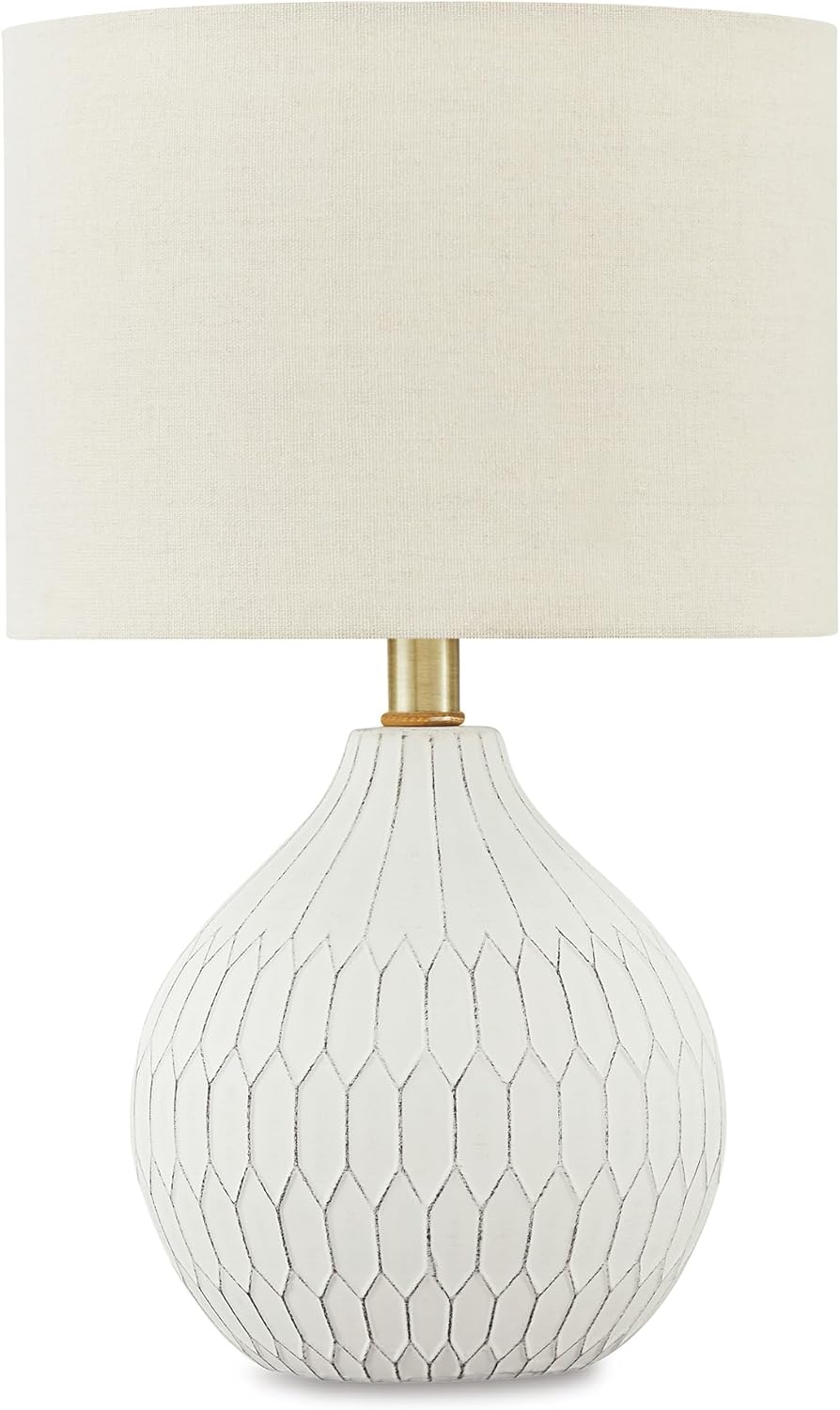 Signature Design by Ashley Wardmont Contemporary Modern Table Lamp with Drum Hardback Fabric Shade, On-Off Switch, Ceramic, 17.75" High, Antique White
