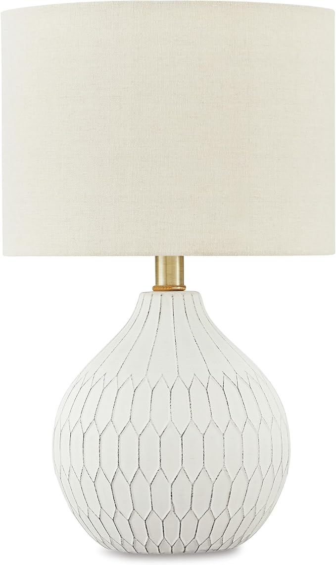 Signature Design by Ashley Rainermen Casual Ceramic Table Lamp, Transparent White Glaze Finish, Drum Hardback Fabric Shade, 11" W x 11" D x 21" H, Off White