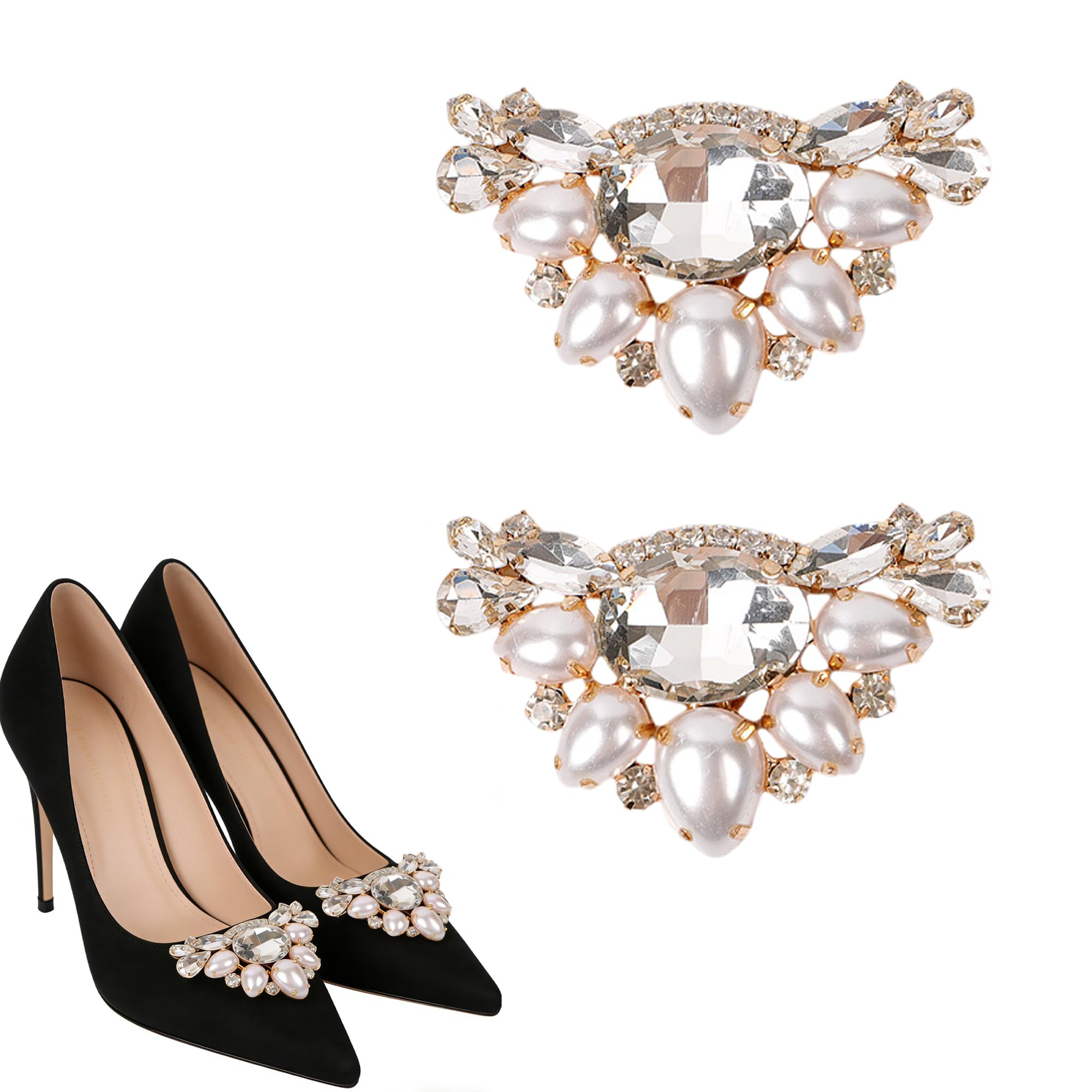 [DEVENTORZ] シューズクリップ 2個入り クリスタル パール 靴飾り 靴アクセサリー パンプス 装飾 ワンタッチ着脱 取り外し可能 結婚式 発表会 卒業式 パーティー