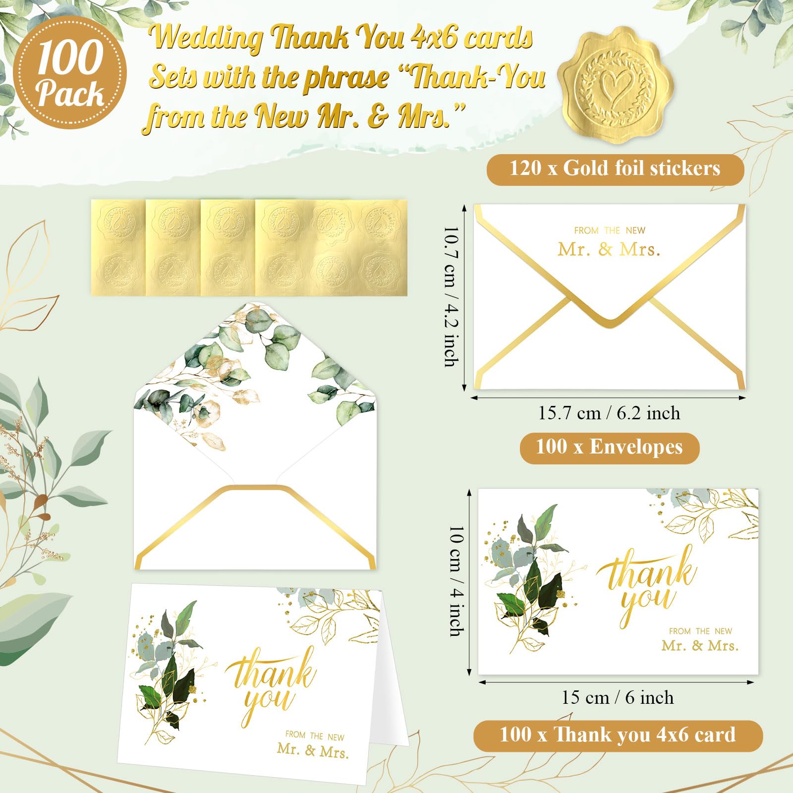 Motiskyy Lot de 100 cartes de remerciement de mariage avec enveloppes en vrac 120 autocollants Enveloppes à rabat en V avec bordure dorée 10,2 x 15,2 cm