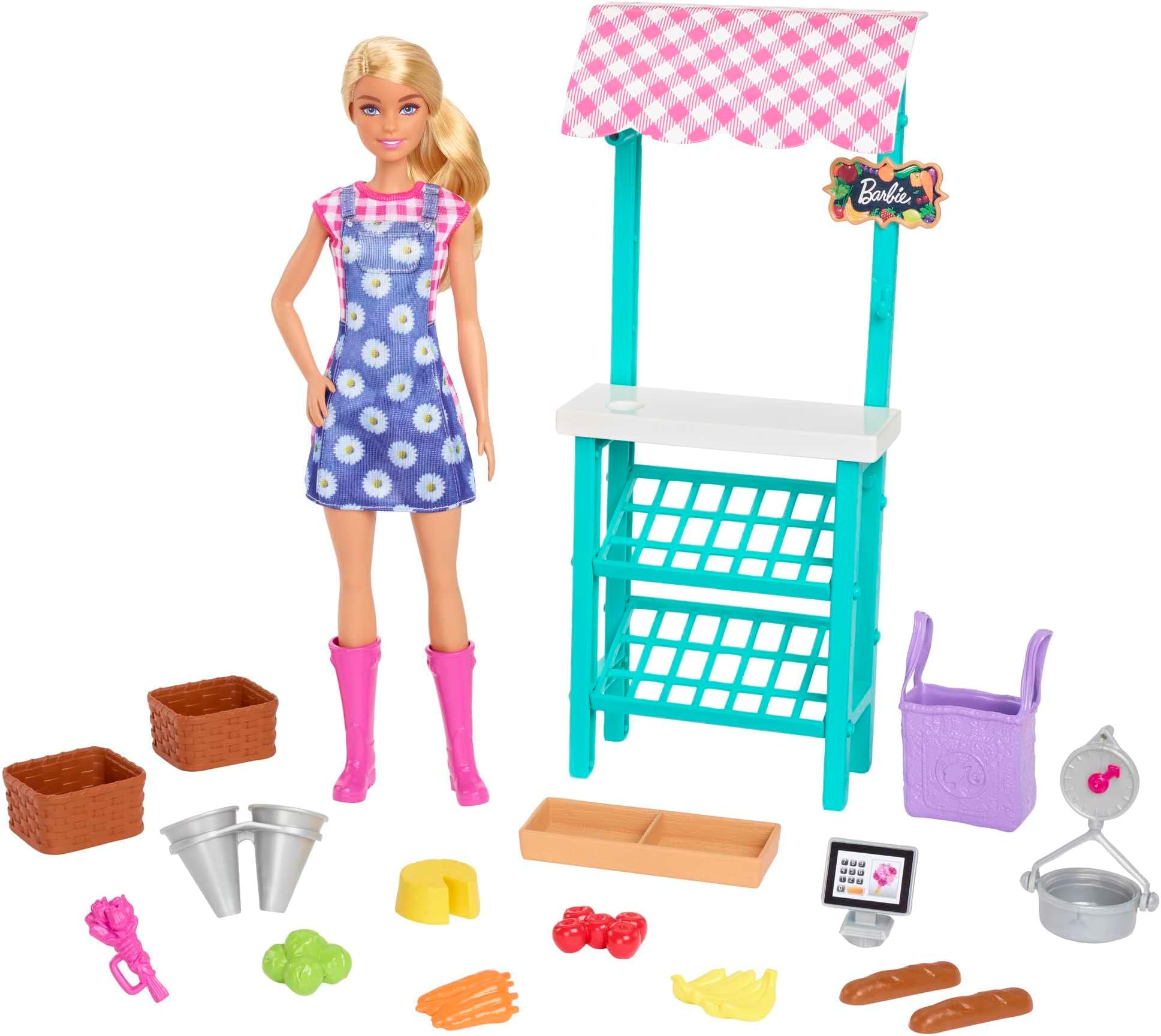 Farmers Market Playset, Barbie Doll (Blonde), Market Stand, Register, Vegetables, Bread, Flowers & More, 3 & Up