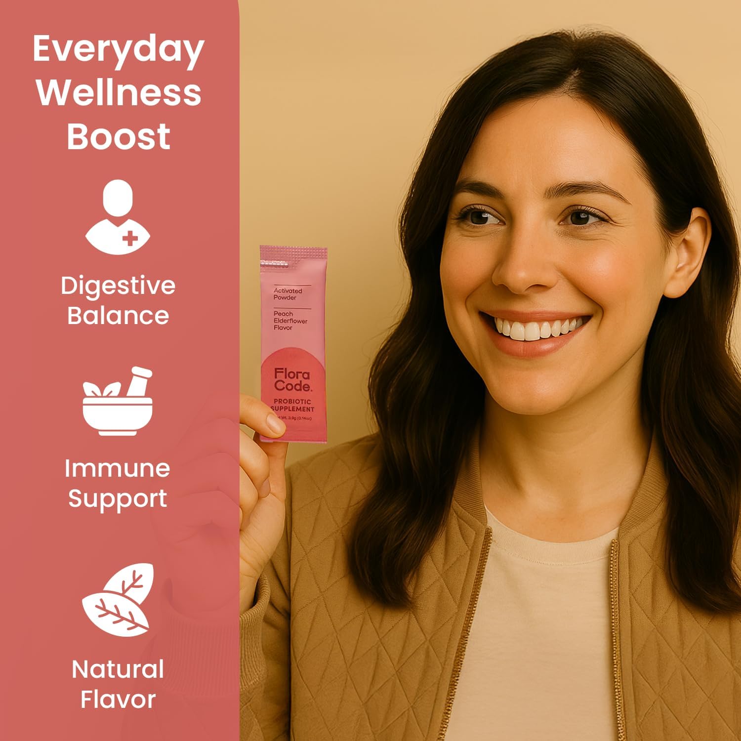 Probiotic Powder, Peach Elderflower Flavor, 30 Day Supply, with DE111 Bacillus Subtilis, Inulin and BCAAs