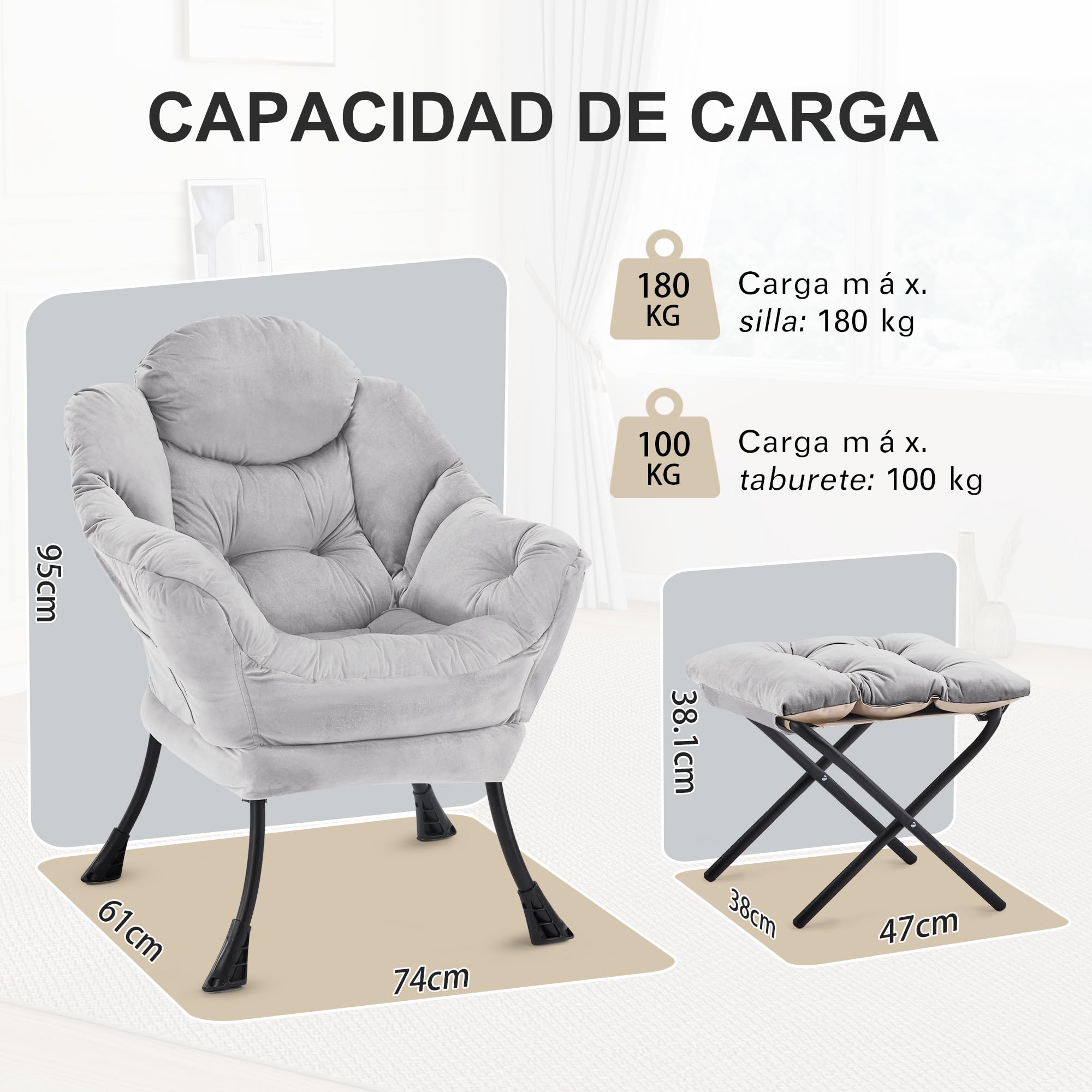 Sillón para Salón con Reposapiés, Sillón de Lectura de Relax, Ocio Cómodo para Sala y Dormitorio con Reposapiés y Bolsillo Latera(Gris Claro)
