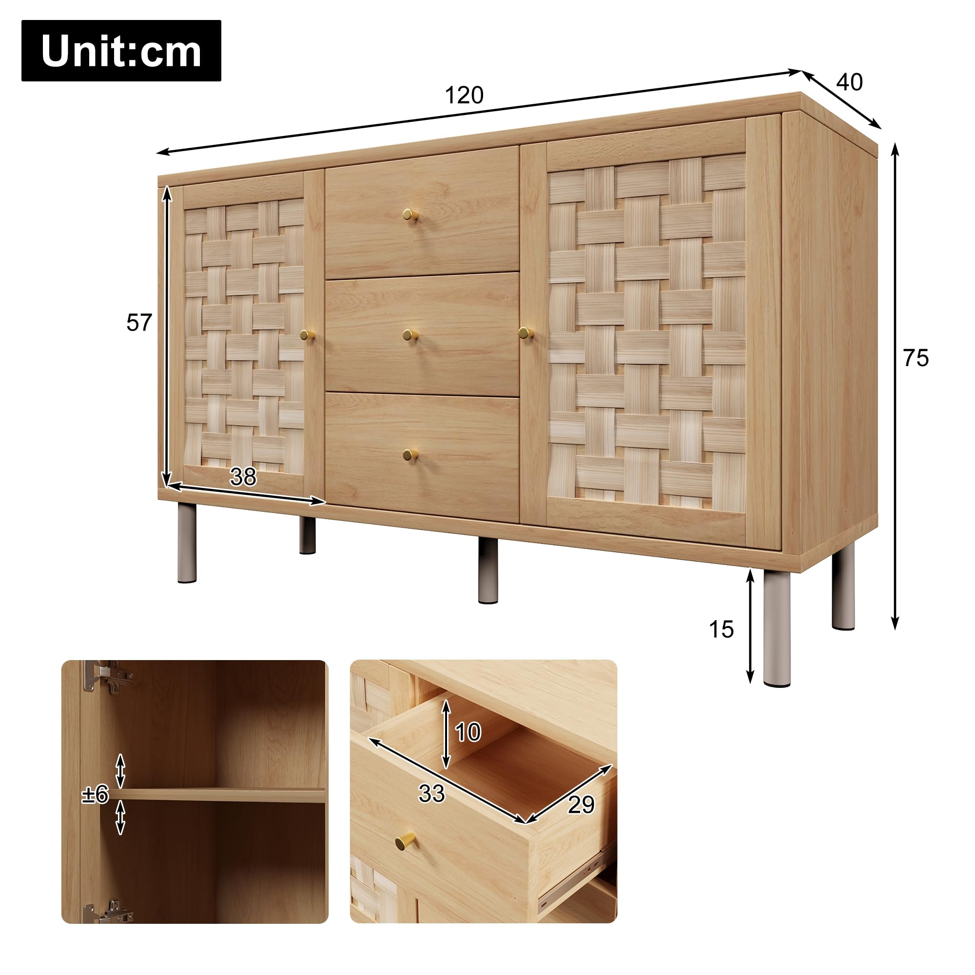 Credenza in stile rustico 120x40x75 cm, color rovere, con 2 ante, 3 cassetti, ripiani regolabili in altezza, gambe in metallo, sistema antiribaltamento, credenza per soggiorno, ingresso, cucina.