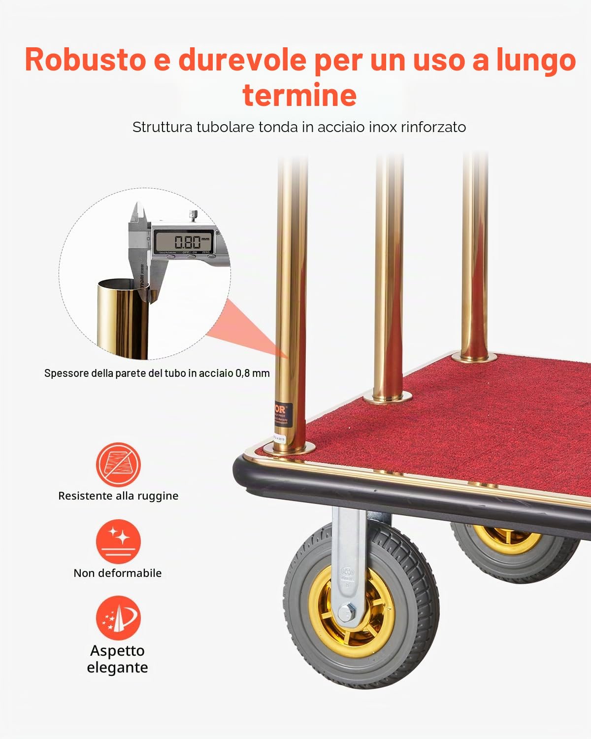 VEVOR Carrello Portavaligie per Hotel, Carico 680 kg Carrello Trasporto Portavaligie in Acciaio Inox Spazzolato con Montanti Curvi, Ponte in Moquette Rossa, Ruote in Gomma 203,2 mm per Hotel Condomini