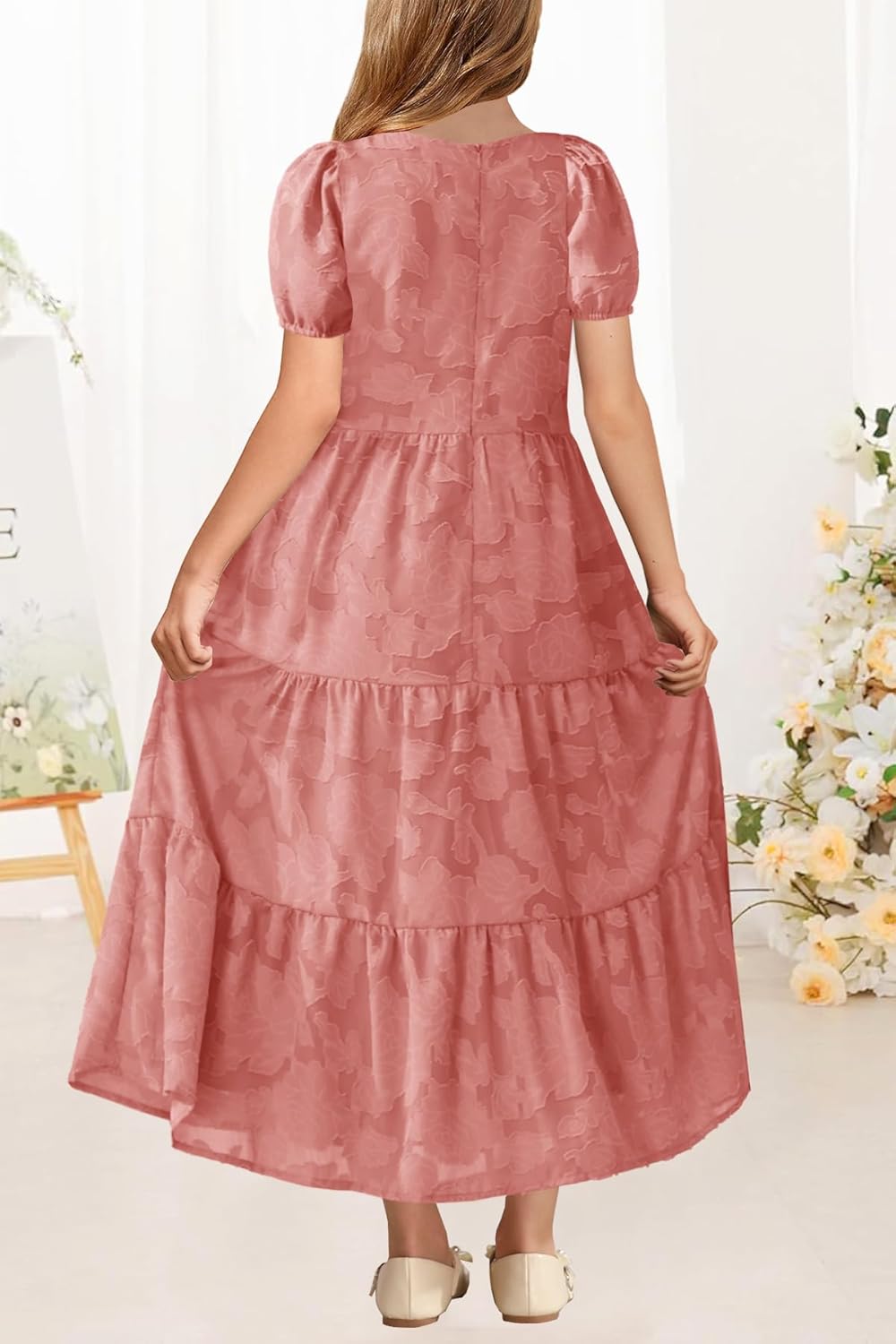 MITILLY Summer Flower Girl Dress Elegant Short Sleeve Crew Neck A-Line Flowy Maxi Dress for Kids with Pockets 6-12 Years - Image 3