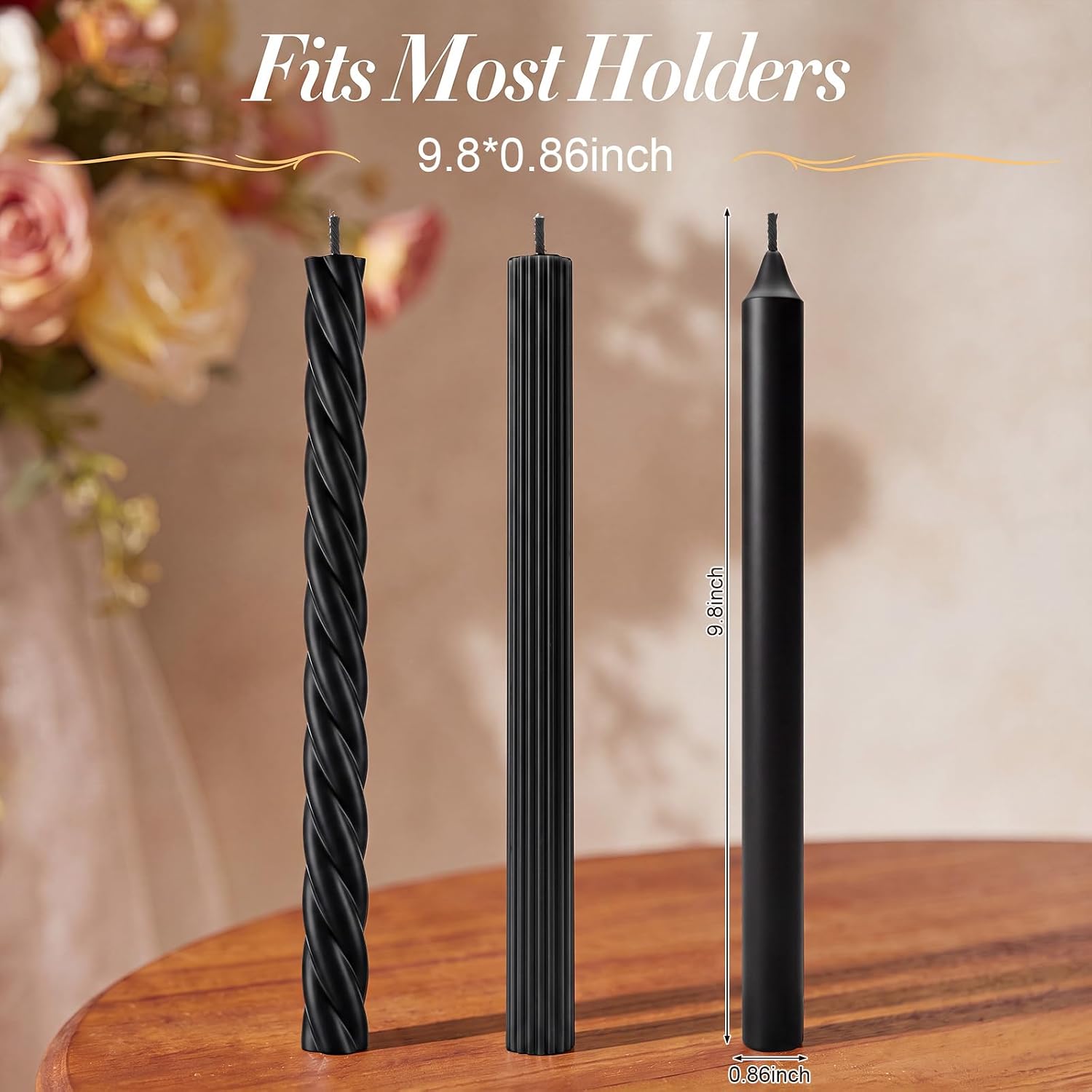 MTLEE 6 Pack Black Halloween Taper Candles, 10 in Unscented Candlestick Set