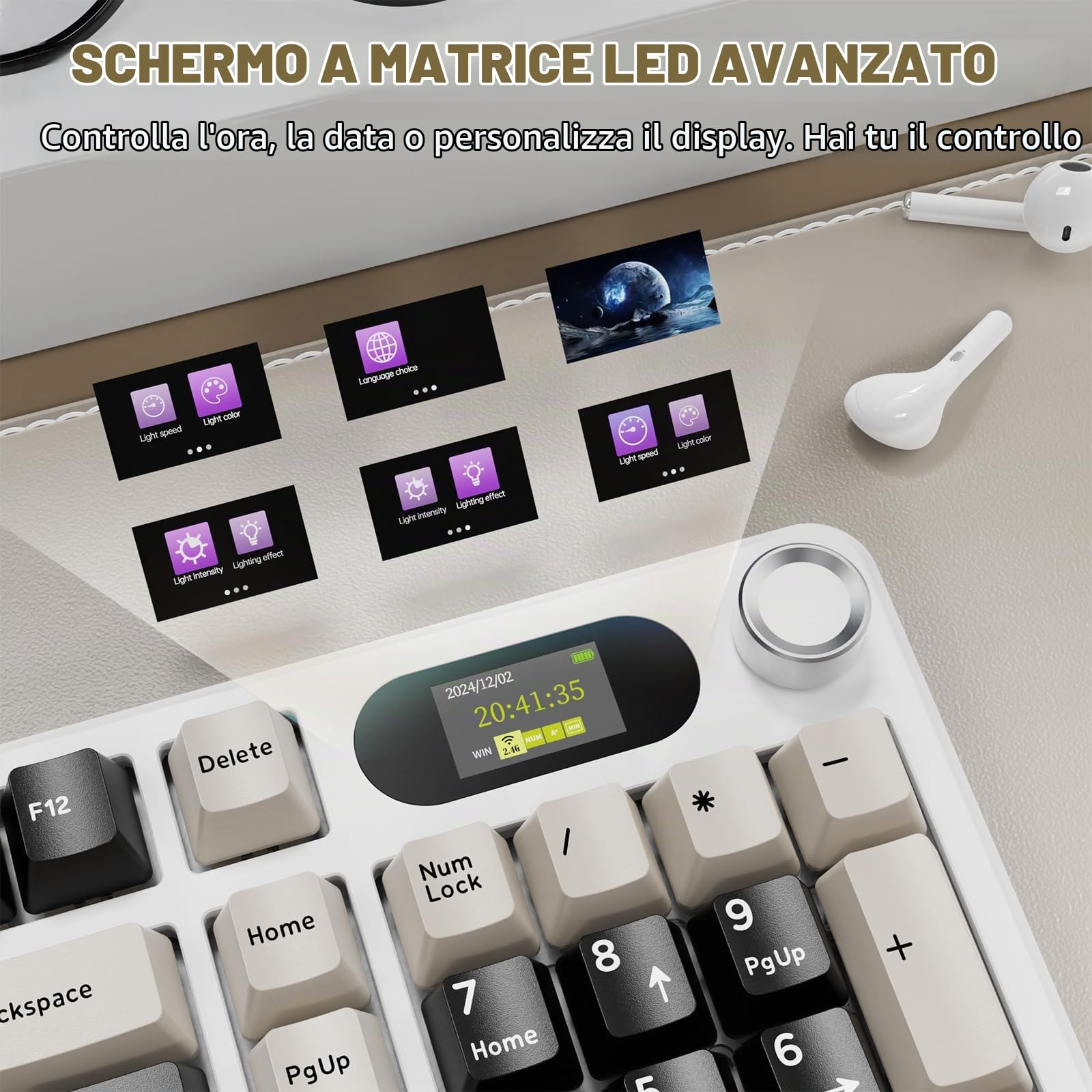 MAMBASNAKE × ATTACK SHARK X98 Pro Tastiera Gaming Wireless 96%, Display LED & Manopola, BT/2.4G/USB-C, Tastiera Meccanica RGB QWERTY, PBT Side-Printed, Hot-Swappable Gasket, 4000mAh(Bianco Marrone)