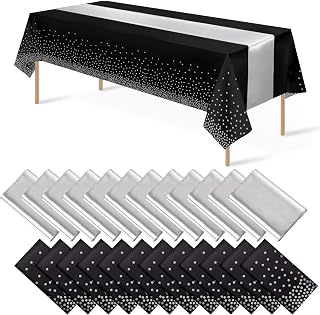 24Pack Disposable Plastic Tablecloths and Satin Table Runner Set Black and Silver Dot Tablecloth Silver Satin Table Runner for Wedding Birthday Baby Shower Anniversary Christmas New Year Party Supply
