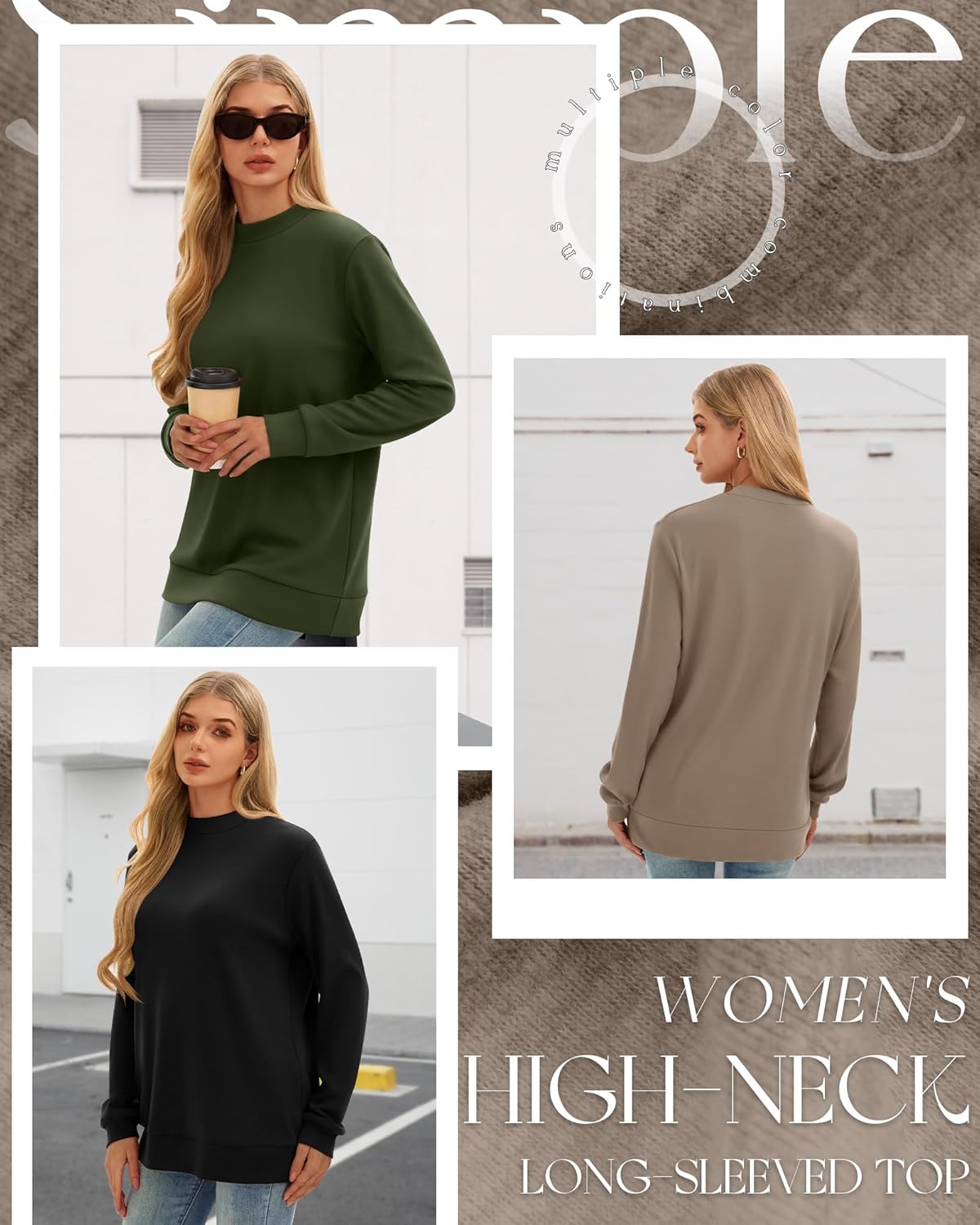 3 Pack Women's Mock Turtleneck Sweatshirts Long Sleeve Cotton Pullover Shirts Tunic Lightweight Loose Casual Tops - Image 3