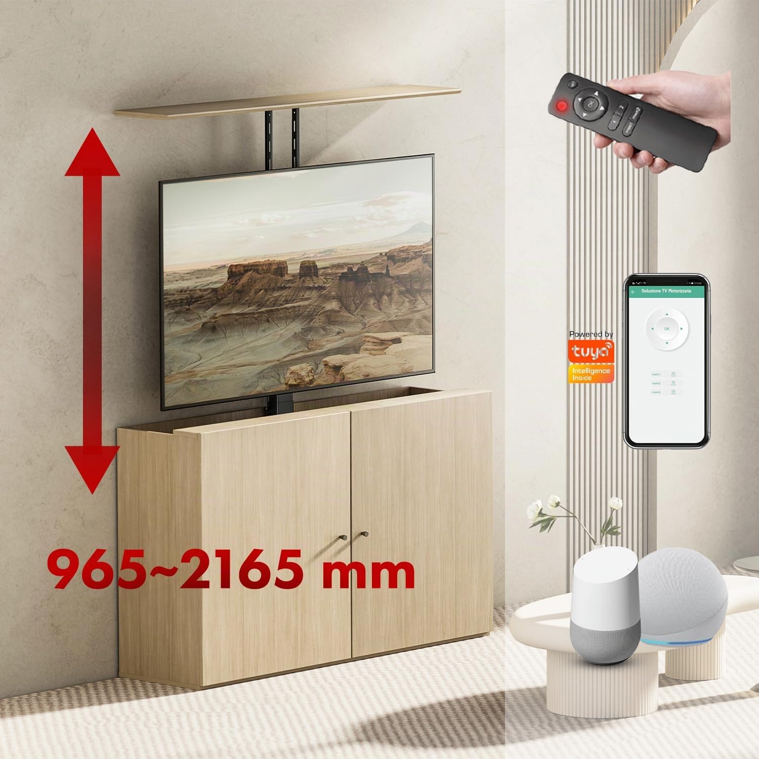 Maclean Supporto TV motorizzato MC-125 per soffitto e pavimento 43-88 pollici 60 kg VESA 600x400 telecomando controllo vocale Alexa Google Home App Tuya sistema anticollisione design elegante in