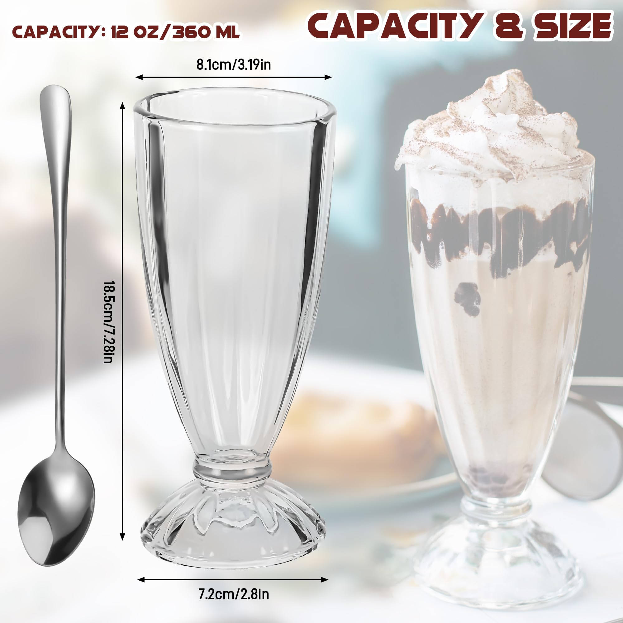 Hejo 2 Stück Eisbecher Glas, 360ml Wiederverwendbar Dessertgläser, Eiskaffee Gläser mit Löffeln, Milchshake Gläser mit Fuß, Iced Coffee Glas für Eis Dessert Getränke Cocktails