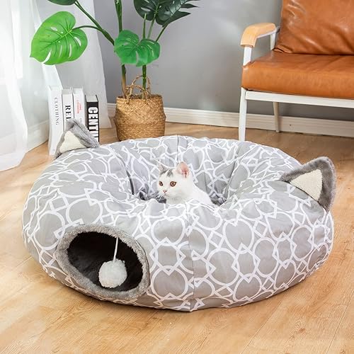 Vista 7 de LUCKITTY - Cama de túnel geométrico para gatos bajo el árbol de Navidad Oxford para exteriores con interior de felpa, túnel colapsable con bolas