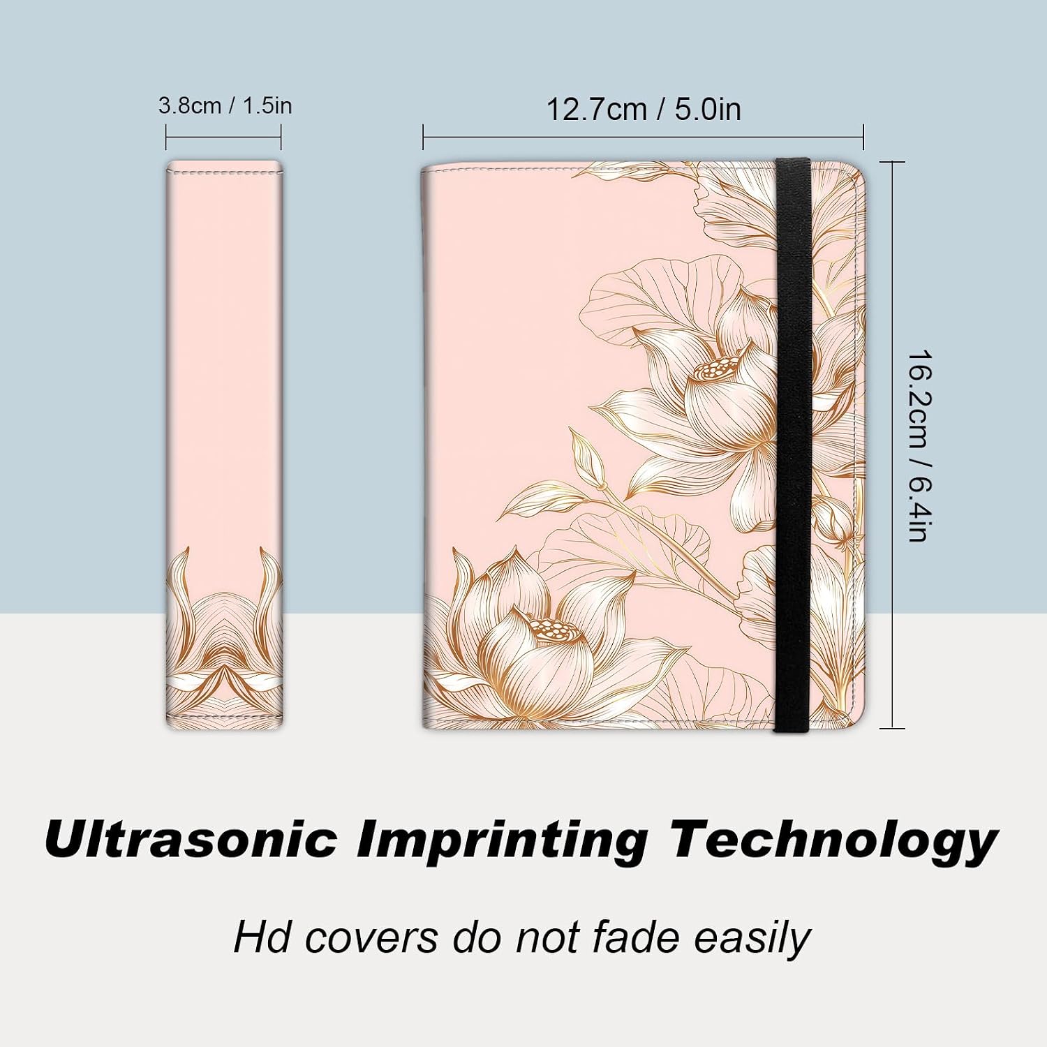 Small Photo Album 4x6, 60 Pockets Holds 120 Photos, Slip-in Pocket Photo Album with Black Elastic Band for Family Wedding Baby Travel Pictures, Pink And Gold Lotus Flower