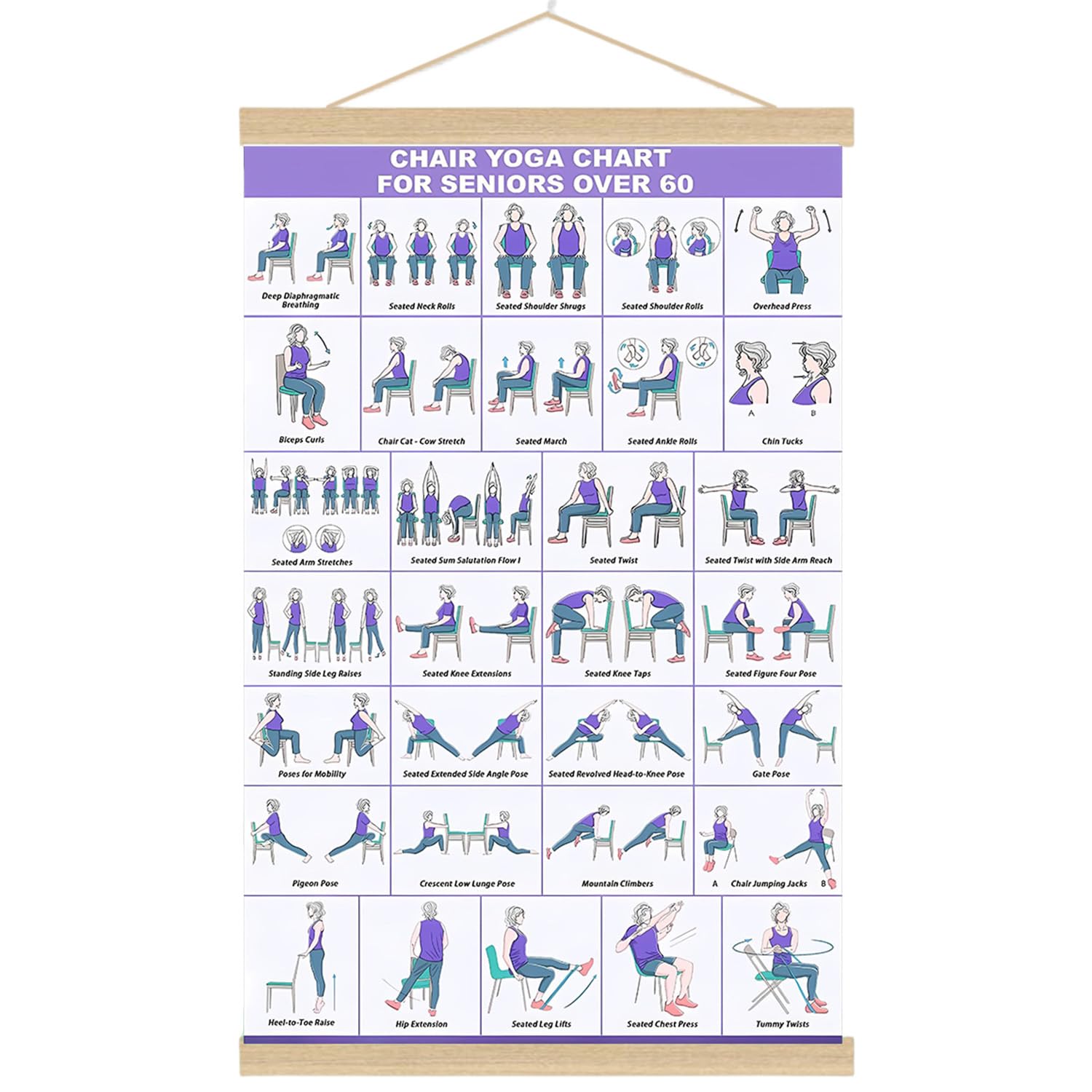 Chair Yoga Chart, Multiple Elderly Yoga Poses Poster, Large Easy-Read Layout, Foldable Chair Yoga for Seniors Wall Display, Fitness Wall Prints for Seniors Over 60, Ideal for Home Office Stretching