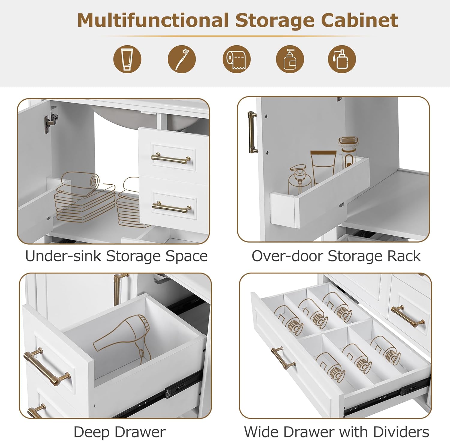 Merax 30" Bathroom Vanity with Sink, Floor Standing with 3 Drawers, Soft Close Doors with Long Gold Metal Handles, Perfect for Small Bathrooms, White