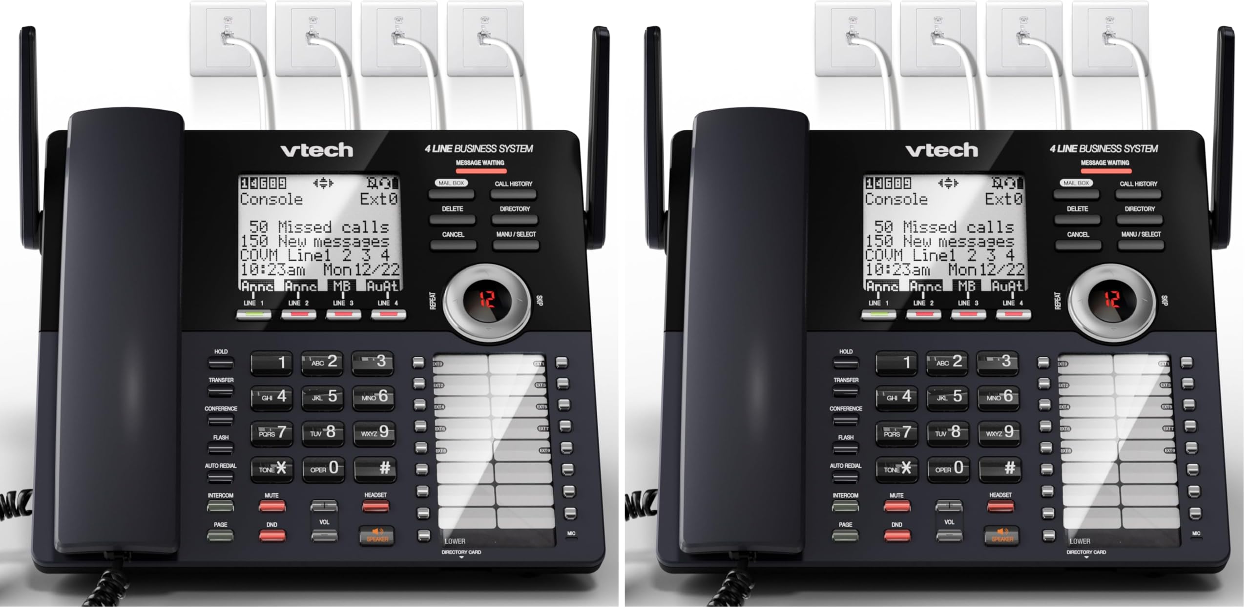 VTech AM18447 Main Console 4-Line Expandable Small Business Office Phone System with Answering Machine, Intercom, Auto Attendant &amp; Music on Hold, Black (Pack of 2)
